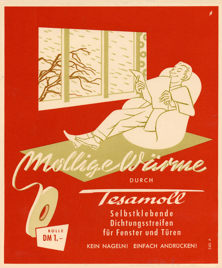 tesamollin mainosjuliste vuodelta 1955. Tältä innovaatiot näyttivät siihen maailmanaikaan. Ja tesamoll on osoittautunut hyväksi tuoteeksi tähän päivään asti.