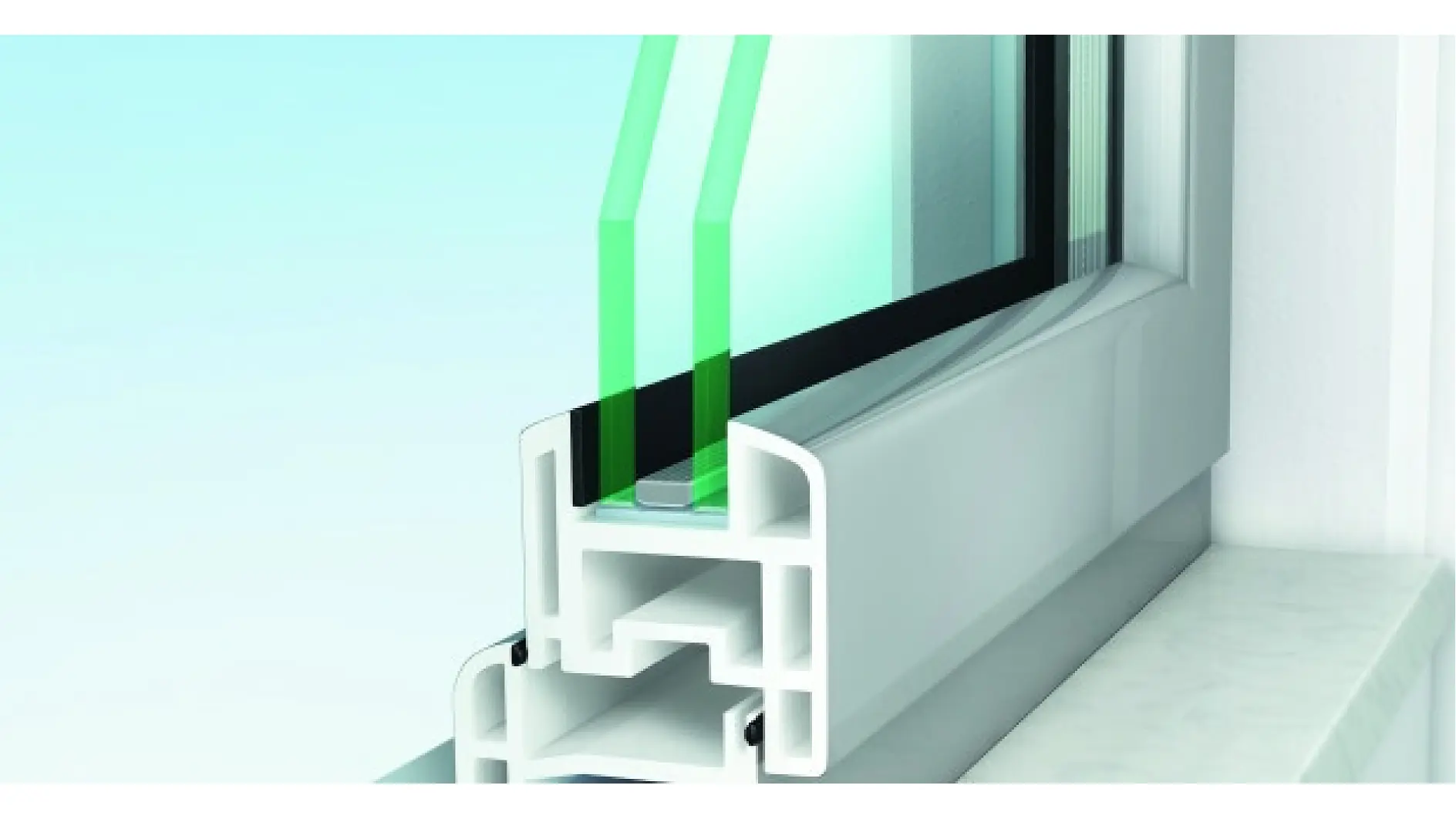 tesa window insulation strip applied to a white PVC window frame with double-glazed glass in an indoor setting (This text has been generated by AI)