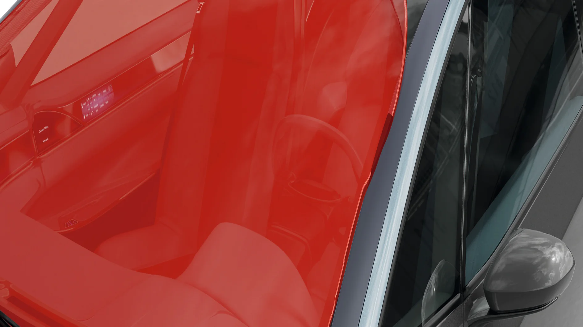 Red sunshade partially covering the windshield of a car, interior visible through the glass, illustrating automotive glass adhesives use for surface protection. (This text has been generated by AI)
