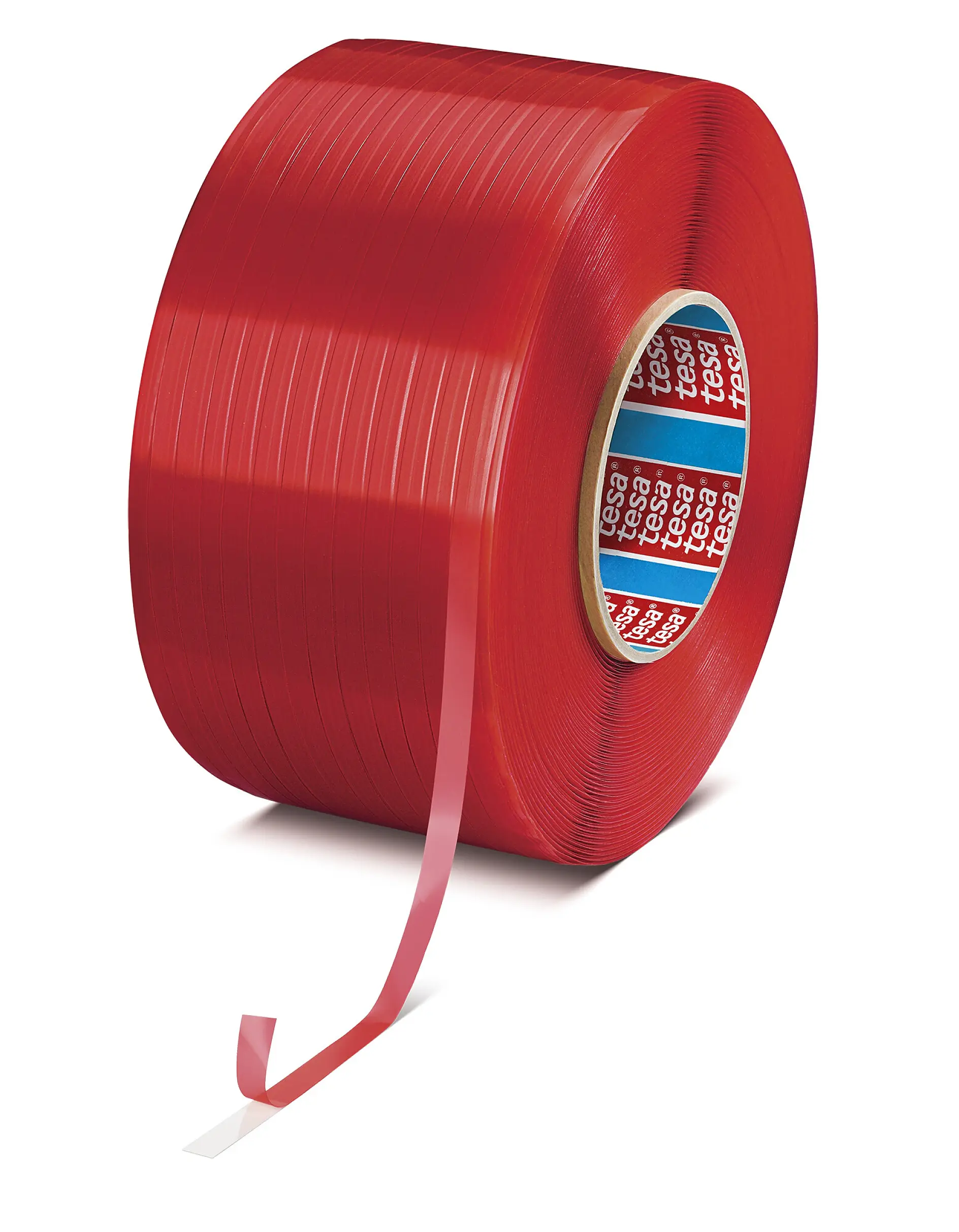 red tesa adhesive tape roll with a loose end, isolated on white background, showing the brand logo inside the core