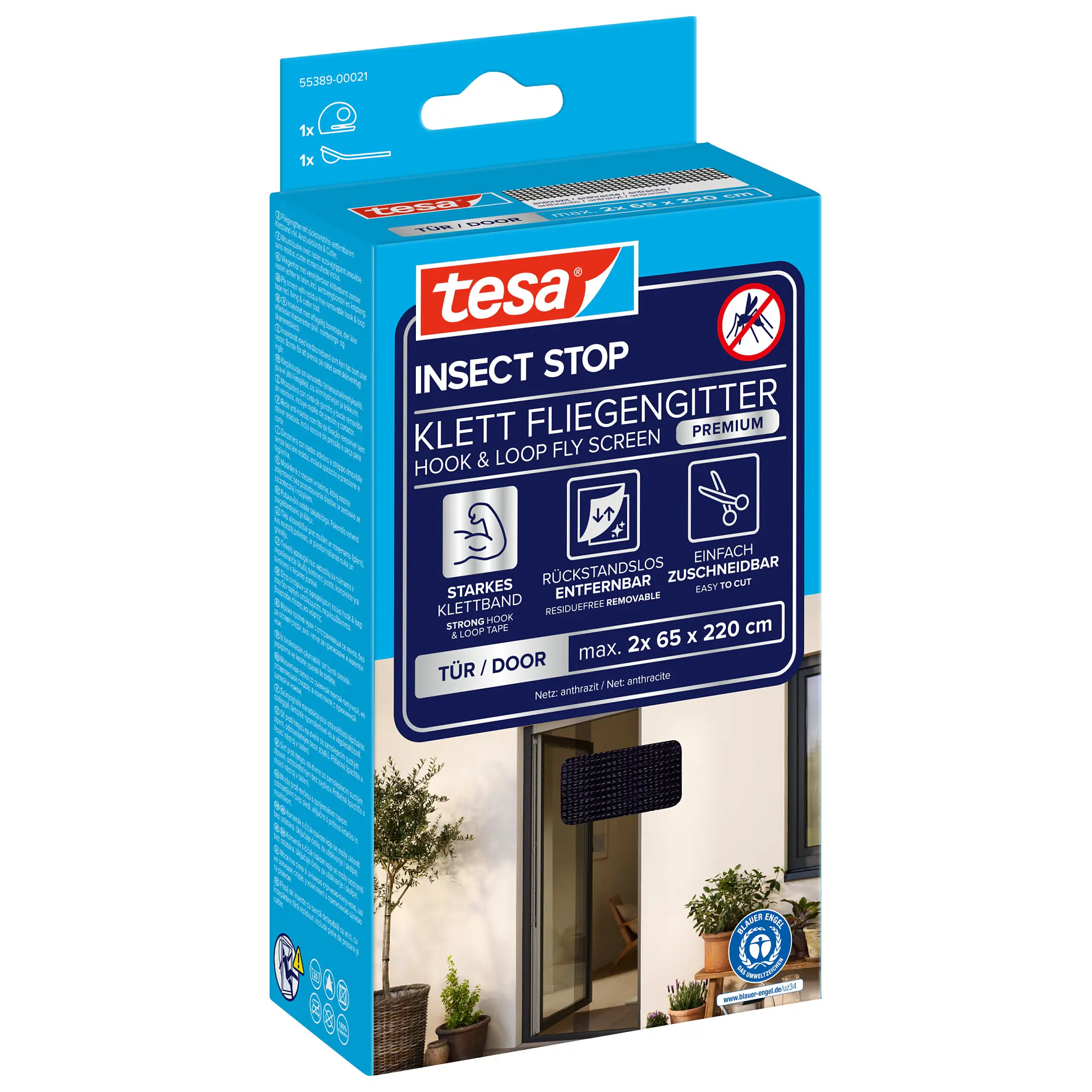 tesa insect stop hook and loop fly screen in blue packaging, designed for door or window use, shown in indoor setting (This text has been generated by AI)