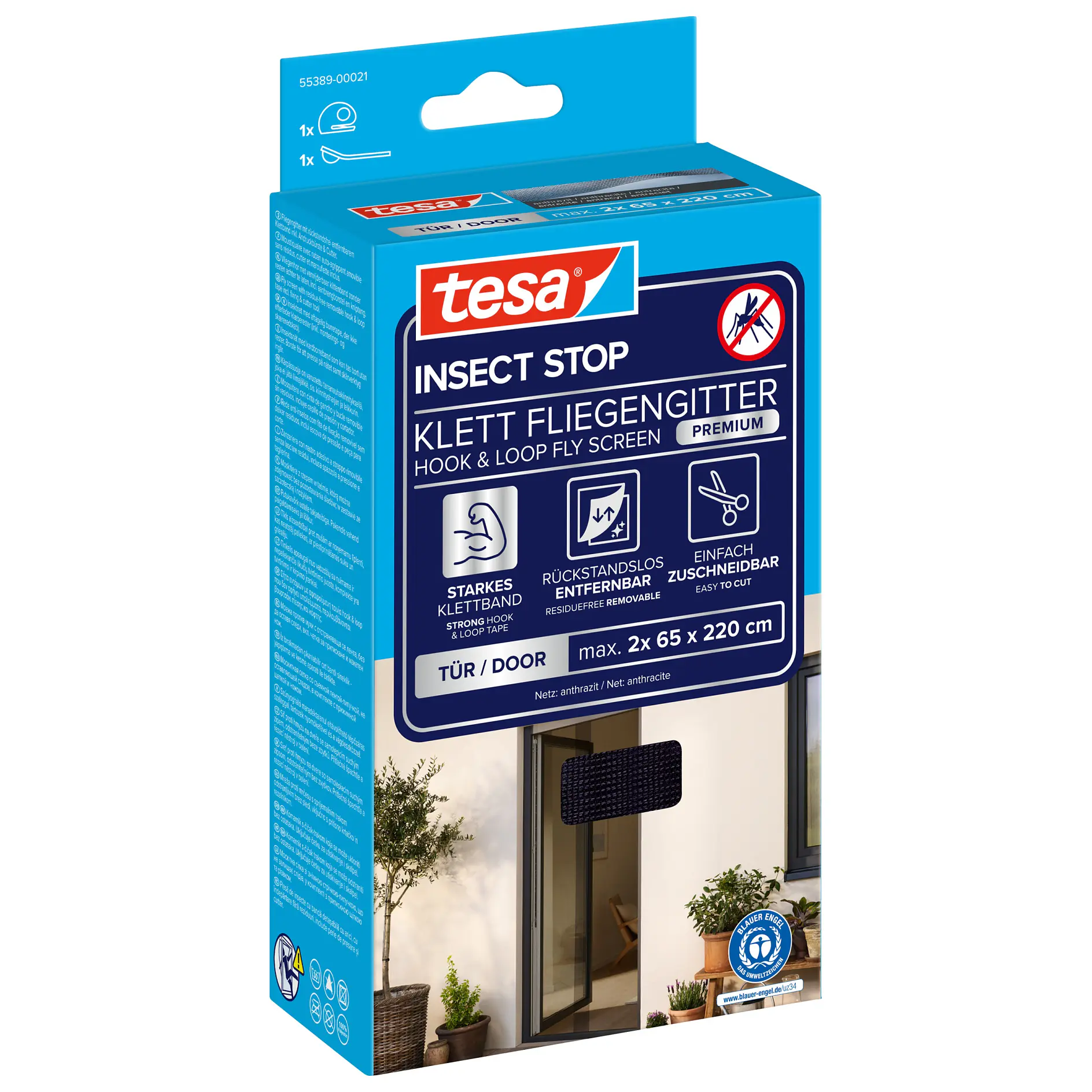 tesa insect stop hook and loop fly screen in blue packaging, designed for door or window use, shown in indoor setting (This text has been generated by AI)