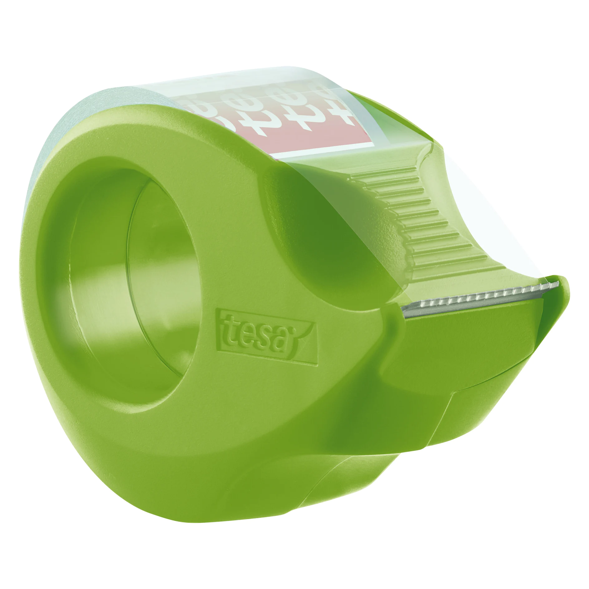 green tesa tape dispenser with serrated edge and roll of transparent tape inside on white background (This text has been generated by AI)