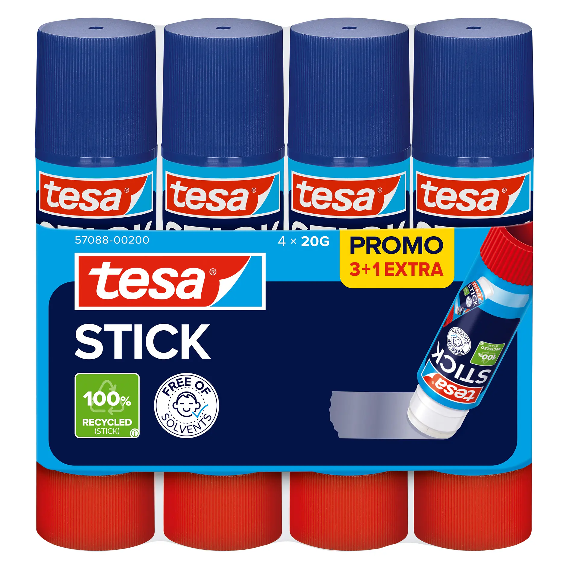 Four tesa glue sticks with blue caps and red bases, packaged together in a promo pack, labeled as 100% recycled material. (This text has been generated by AI)