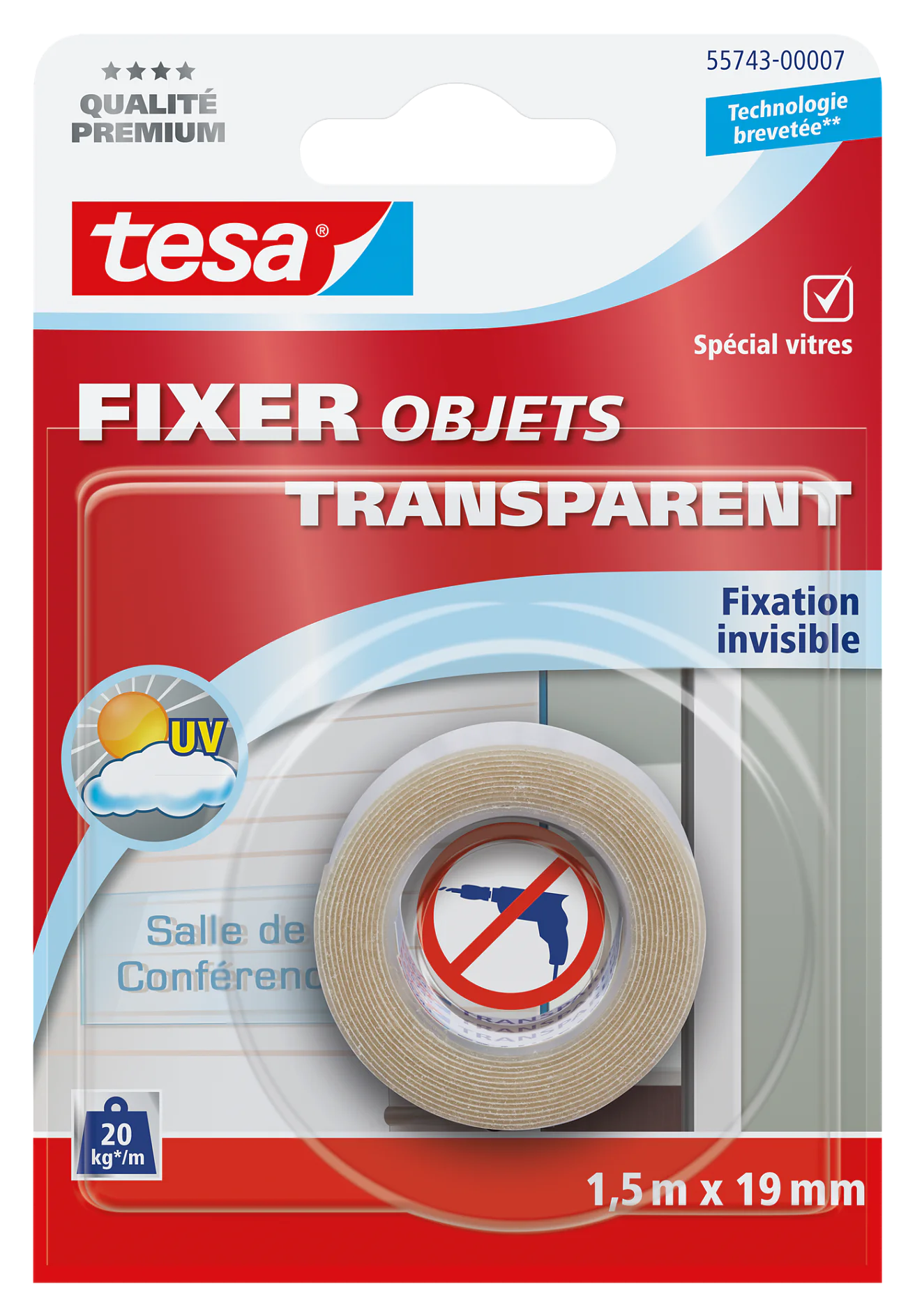 Emballage du ruban adhésif transparent de fixation tesa pour objets de Tesa, avec un rouleau de ruban adhésif tesa au centre. Lemballage met en valeur la résistance aux UV et la fixation invisible, mesurant 1,5 m x 19 mm. Le texte en français indique lutilisation pour les surfaces en verre. (This text has been generated by AI)