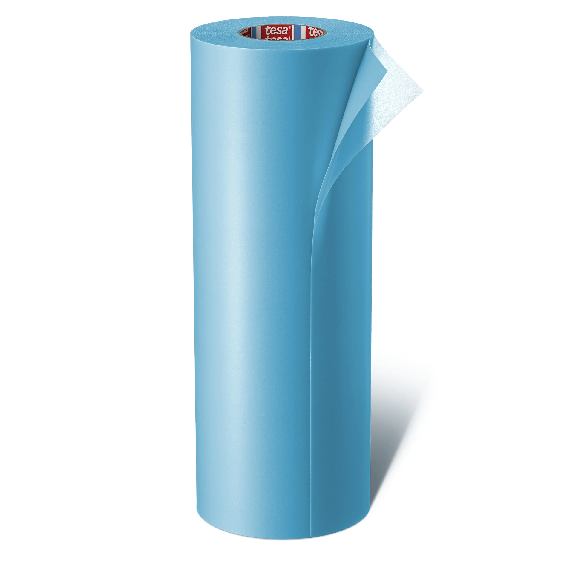 Blue tesa adhesive film roll standing upright with a partially peeled corner on a white background (This text has been generated by AI)