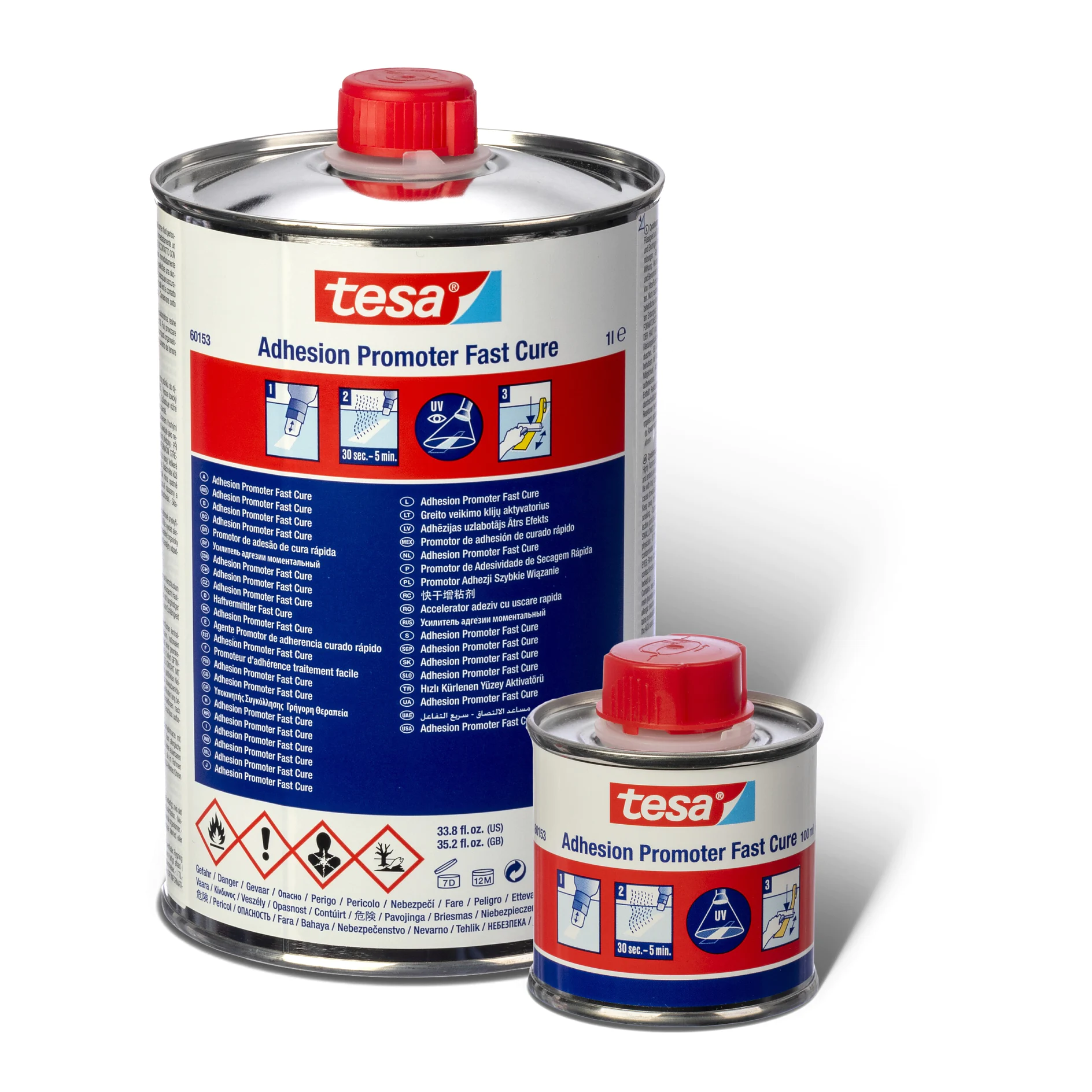tesa adhesion promoter fast cure cans, one large and one small, with red caps on a white background (This text has been generated by AI)