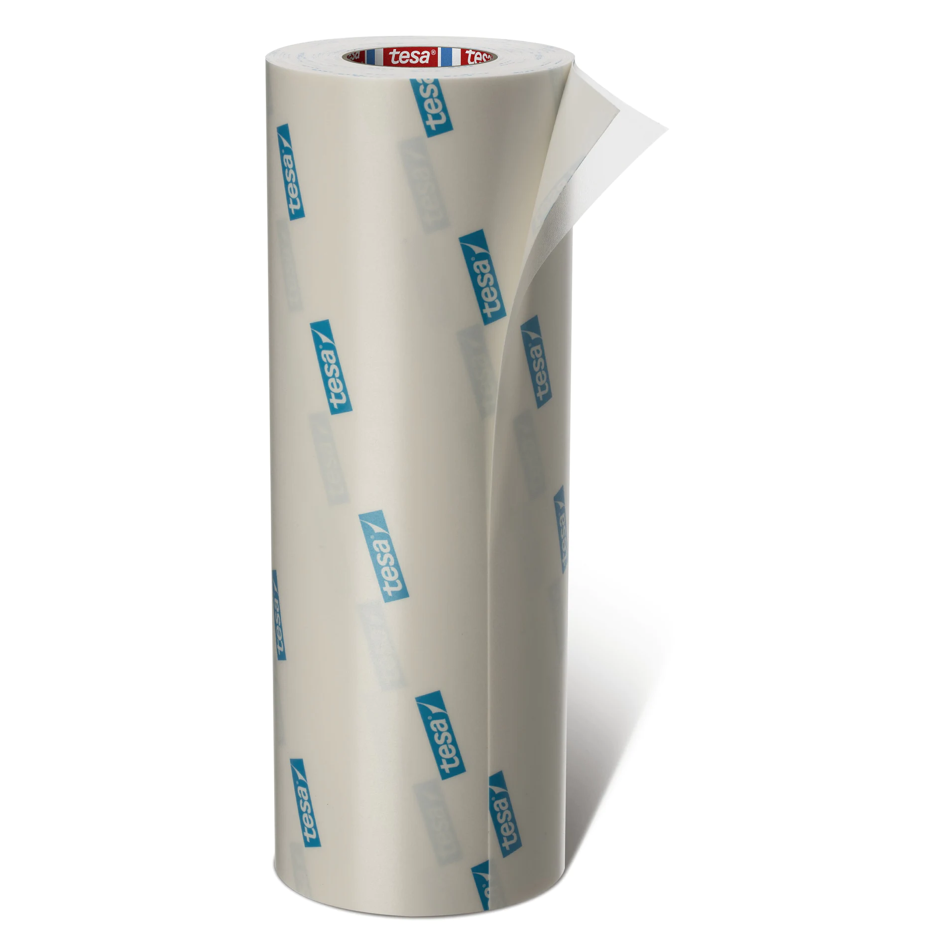 roll of tesa branded clear adhesive tape standing upright on white background (This text has been generated by AI)