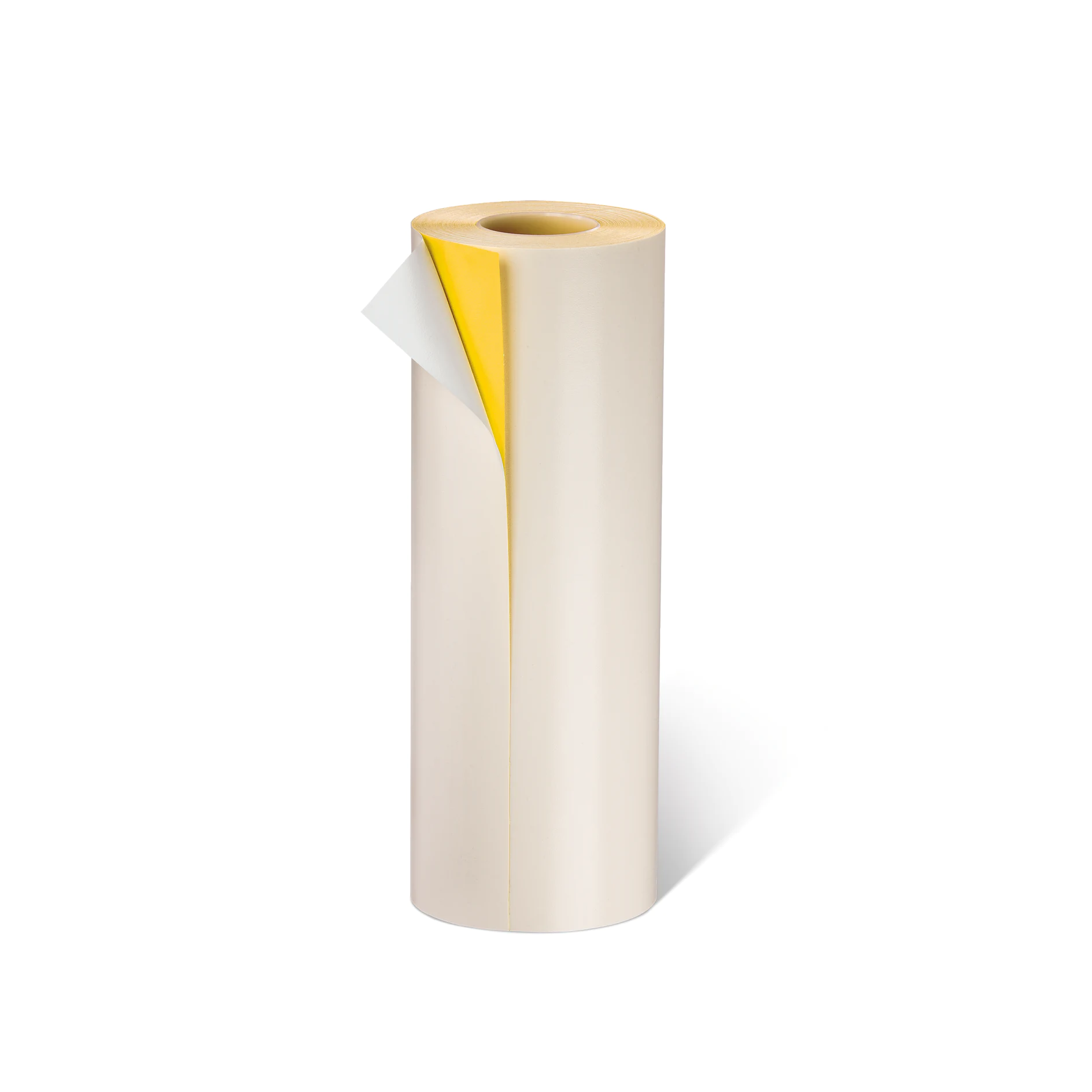 roll of tesa adhesive tape with yellow backing paper, standing upright on a white background (This text has been generated by AI)