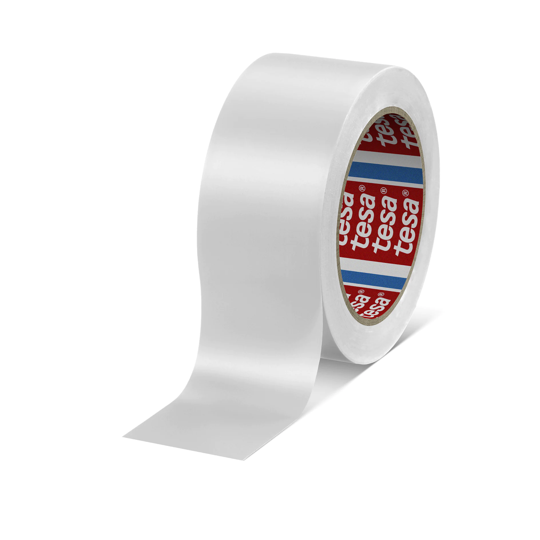 roll of white tesa adhesive tape with red and blue branded core on a white background (This text has been generated by AI)