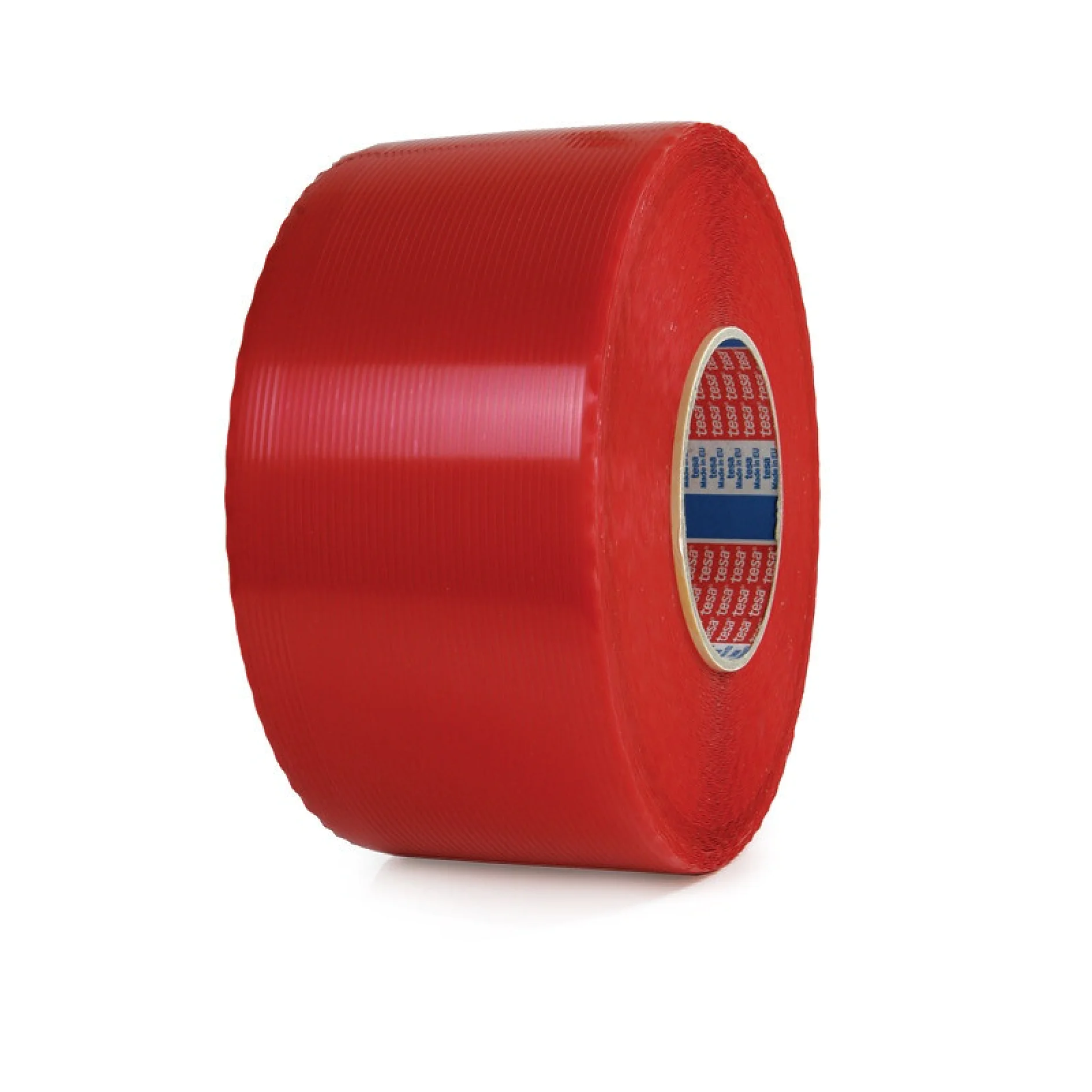 red roll of tesa adhesive tape standing upright on a white background (This text has been generated by AI)
