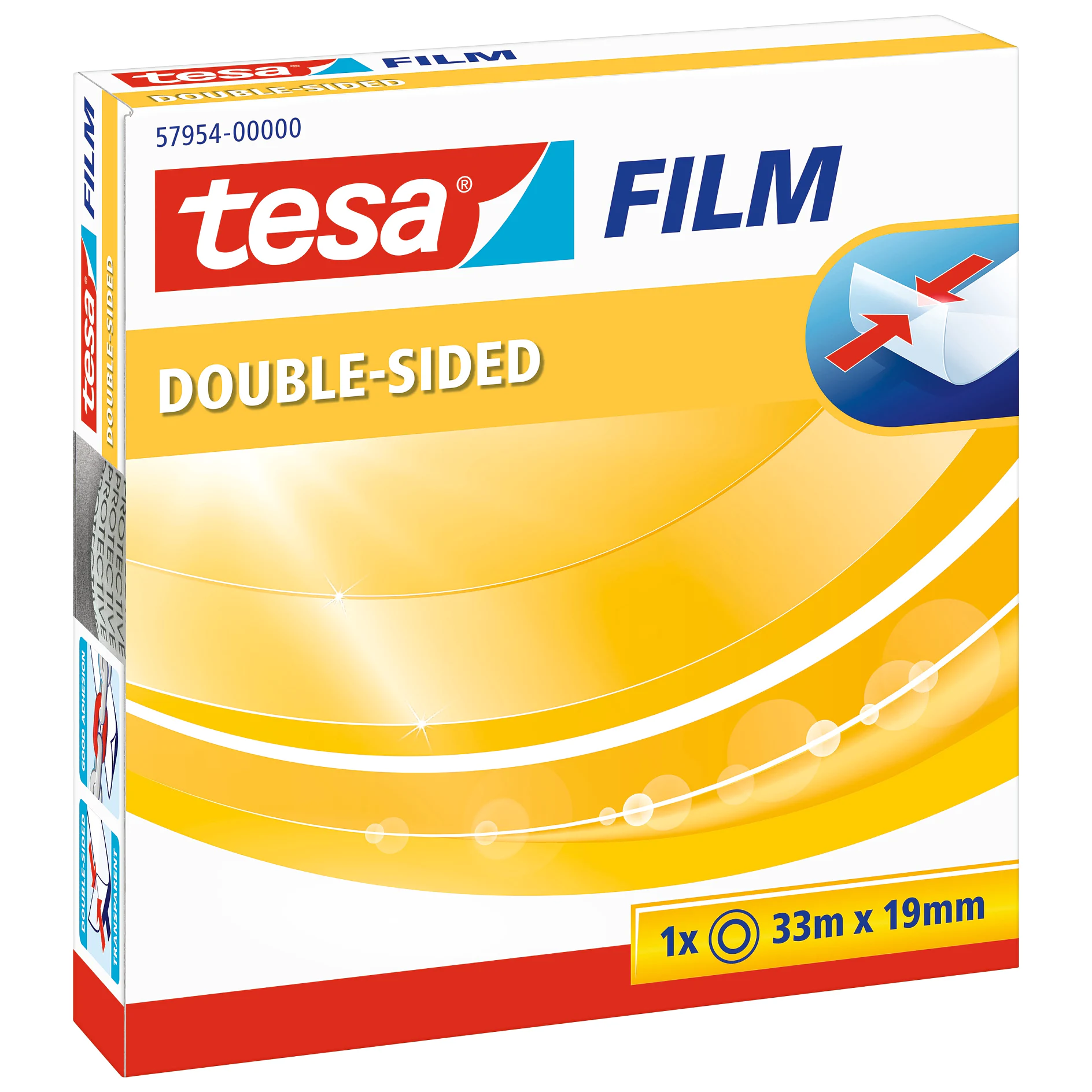 tesa double-sided film tape box with 33m x 19mm dimensions, yellow and white packaging, shown against a white background (This text has been generated by AI)
