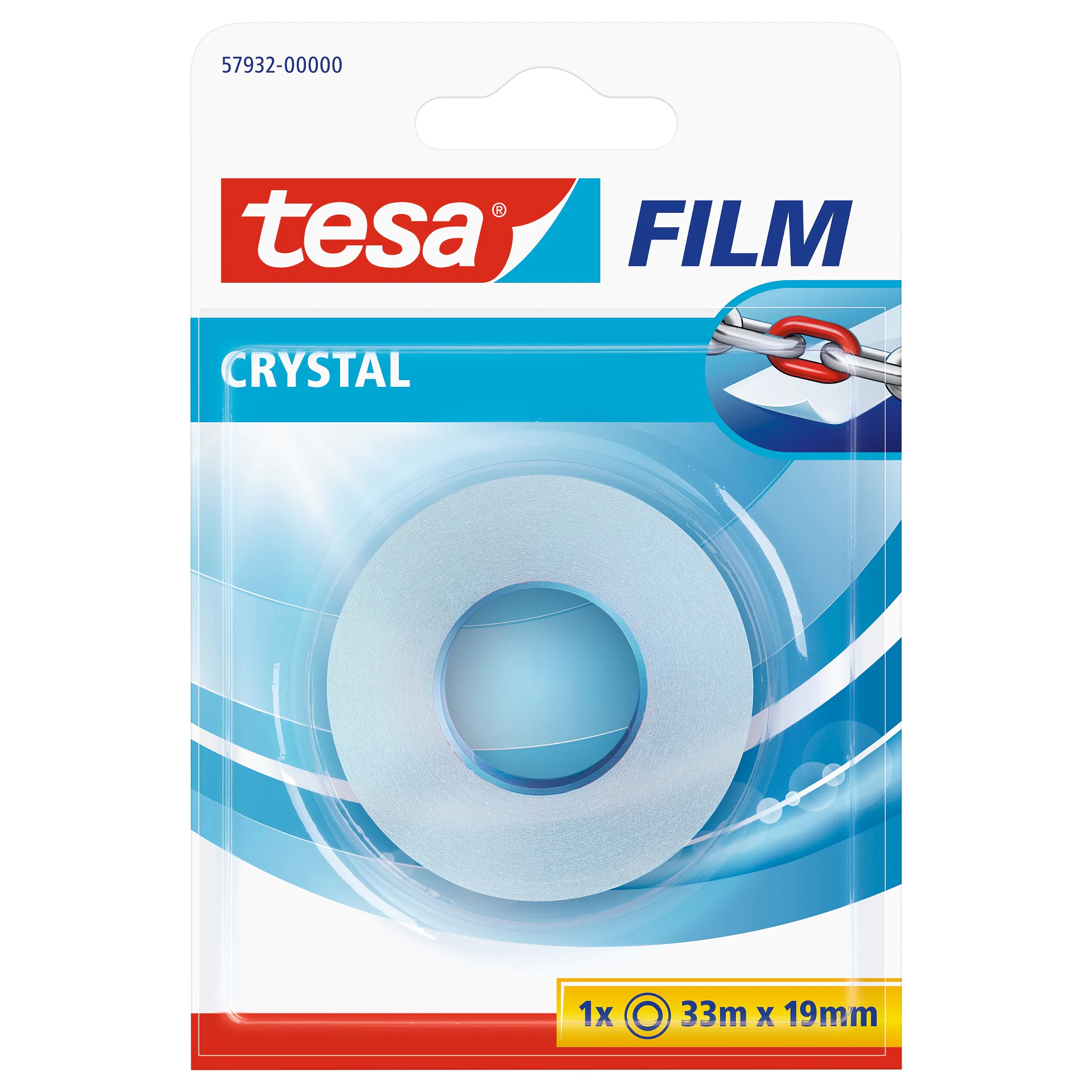 tesa film crystal transparent adhesive tape roll in blue and white packaging with product dimensions 33m x 19mm displayed (This text has been generated by AI)