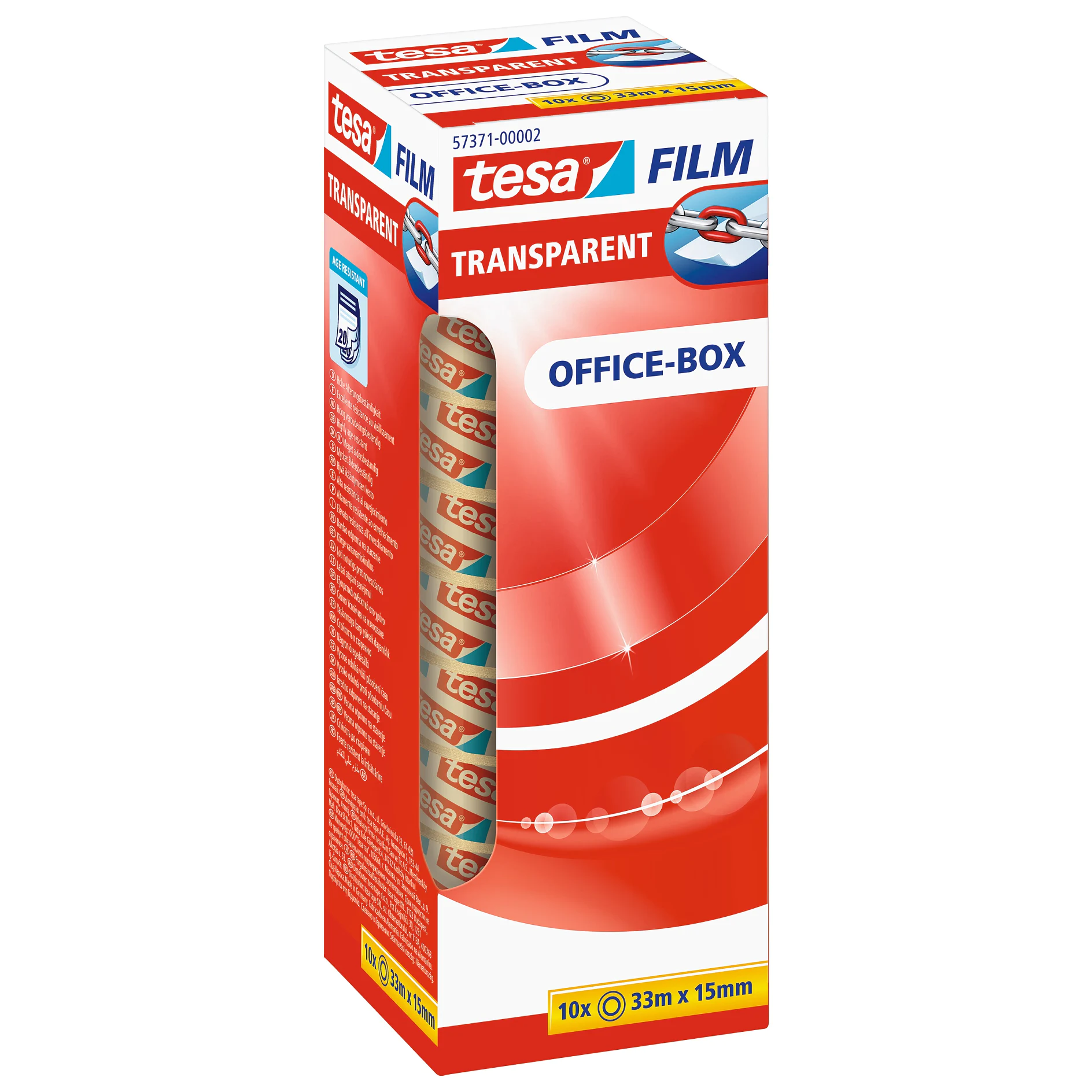 tesa transparent film tape in red and white office-box packaging, showing a roll of clear adhesive tape inside a rectangular box. (This text has been generated by AI)