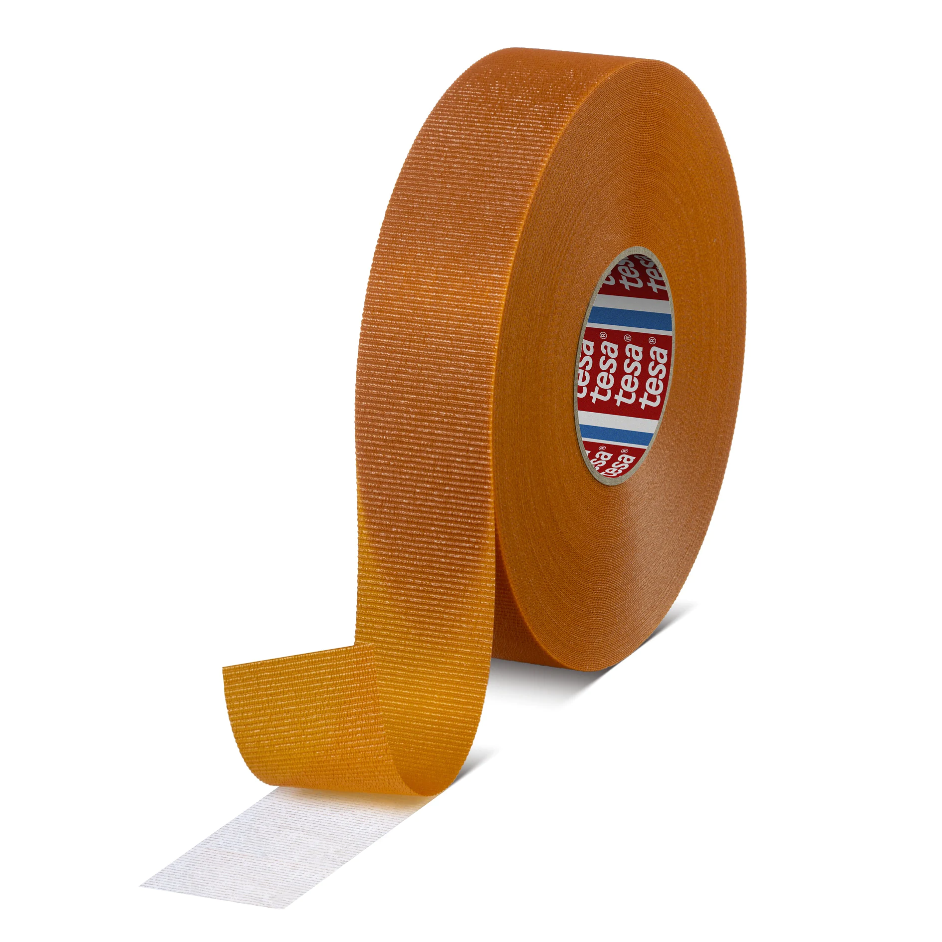 roll of tesa branded orange adhesive tape with a loose end on a white background (This text has been generated by AI)