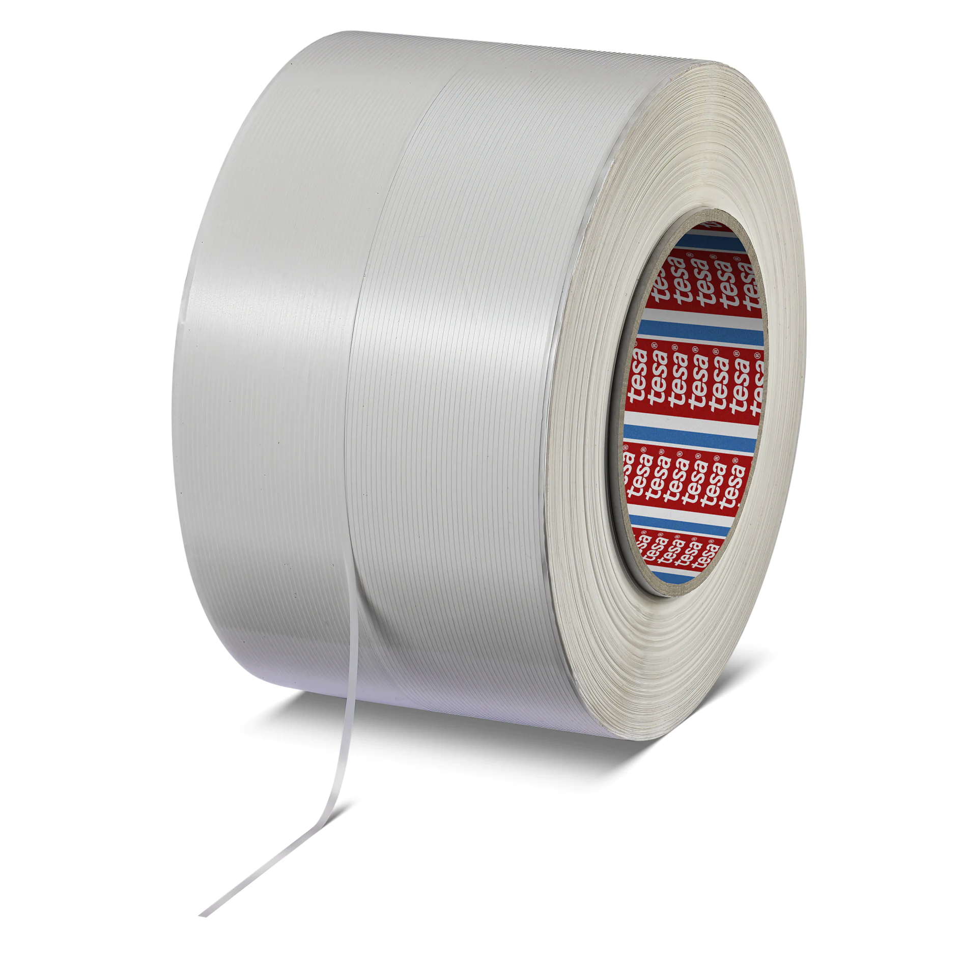 roll of silver tesa adhesive tape with a loose end, isolated on white background (This text has been generated by AI)