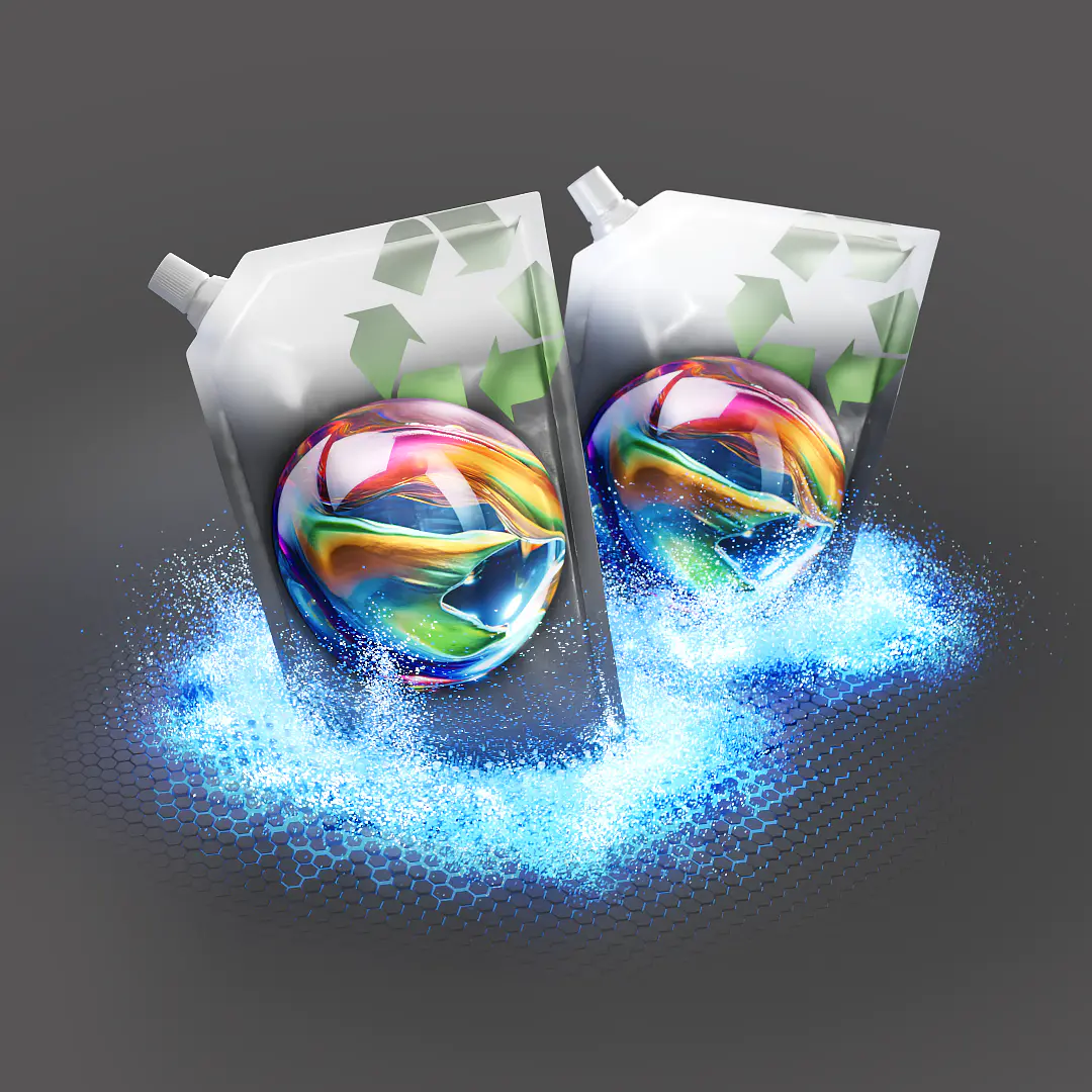 Two white cartons with colorful swirls and recycling symbols on a gray background are surrounded by blue particles. Each carton is securely sealed with tesa tape, ensuring durability and quality. (This text has been generated by AI)