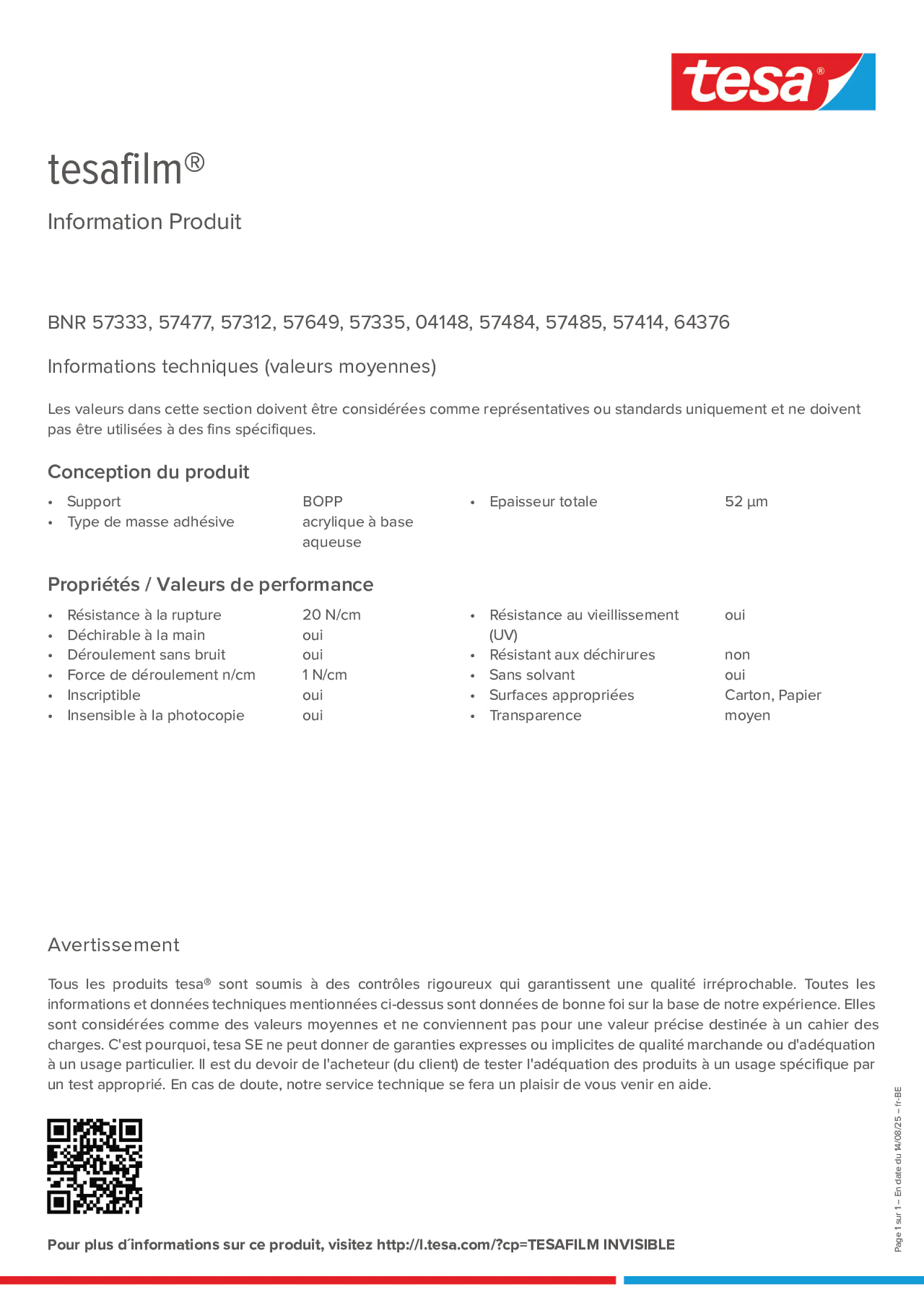 Product information_tesafilm® 57312_fr-BE_nl-BE