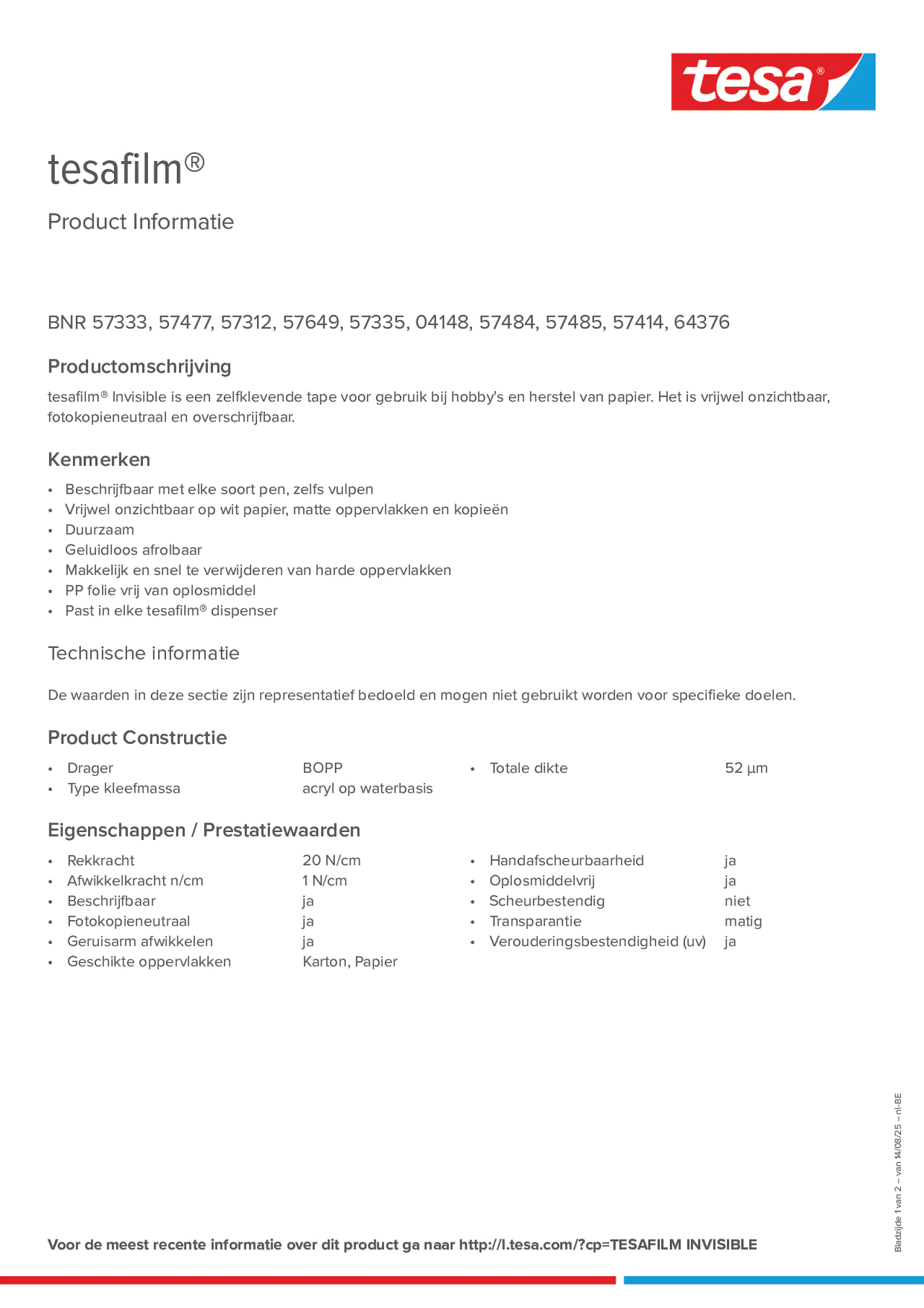 Product information_tesafilm® 57312_fr-BE_nl-BE