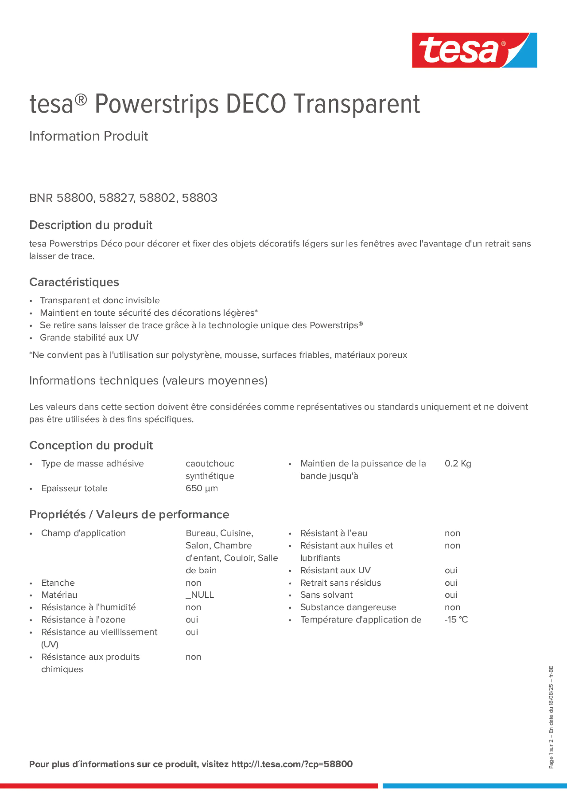 Product information_tesa® Powerstrips 58800_fr-BE_nl-BE Product information_tesa® Powerstrips 58800_fr-BE_nl-BE