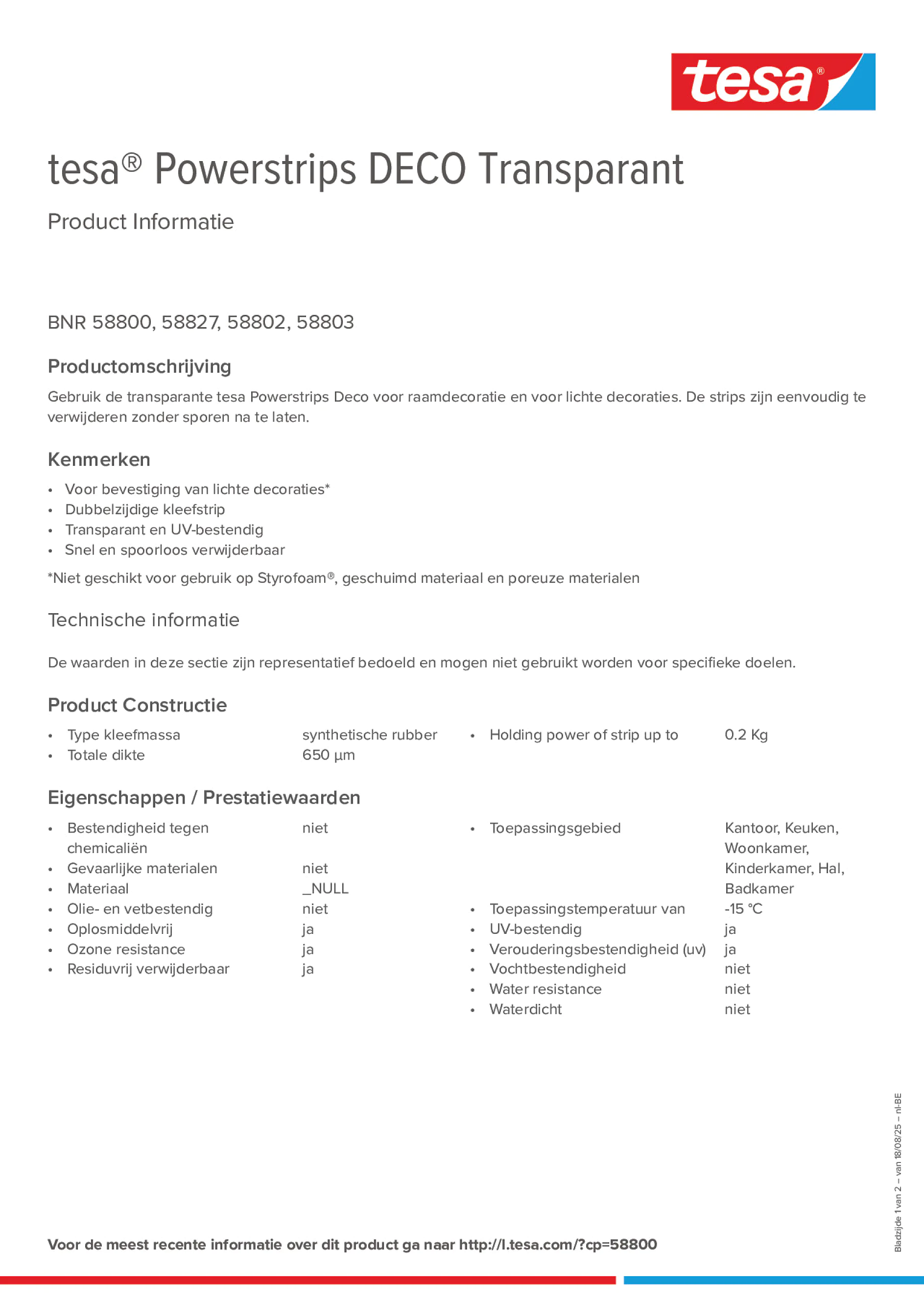 Product information_tesa® Powerstrips 58800_fr-BE_nl-BE Product information_tesa® Powerstrips 58800_fr-BE_nl-BE