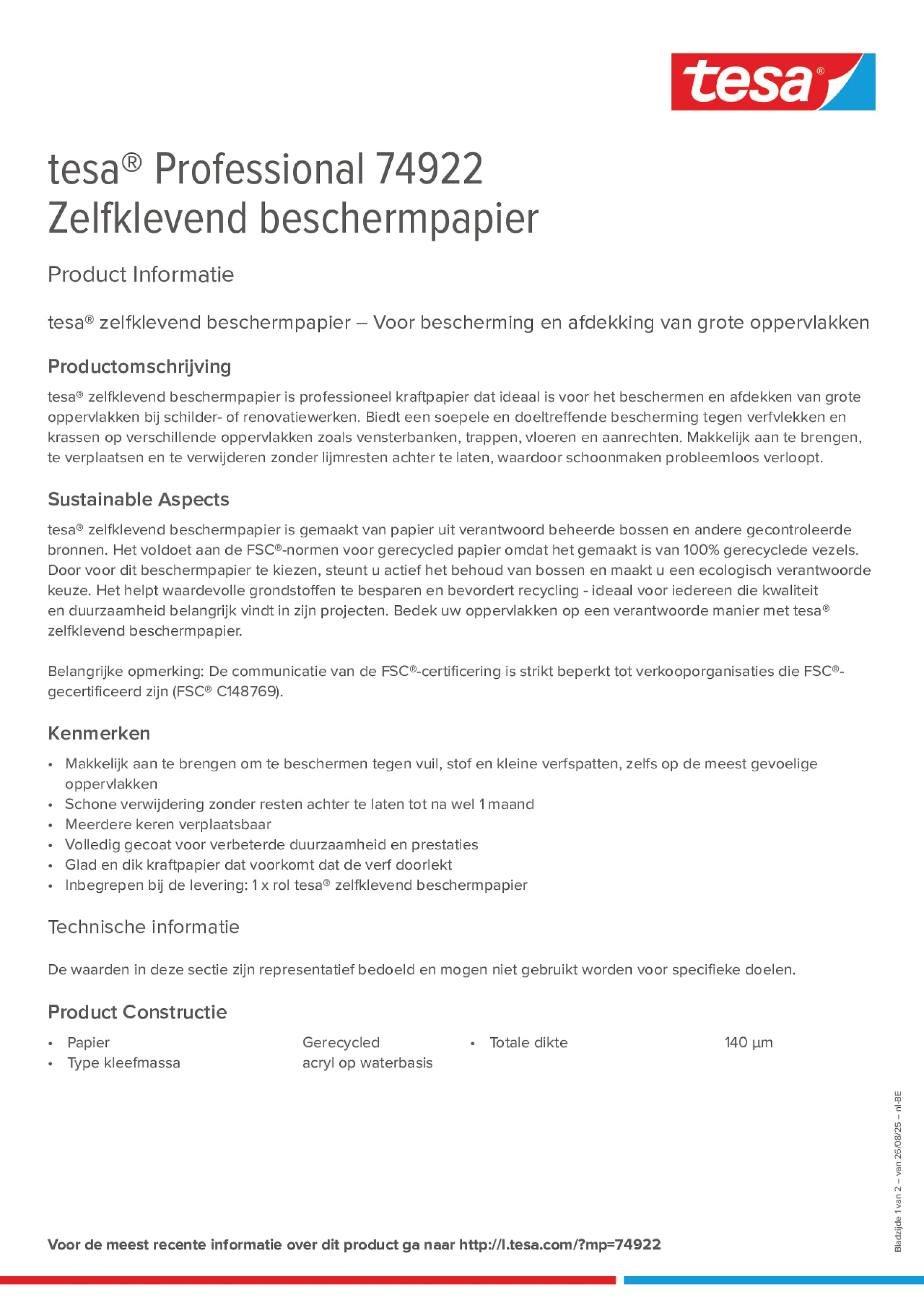 Product information_tesa® Professional 74922_fr-BE_nl-BE
