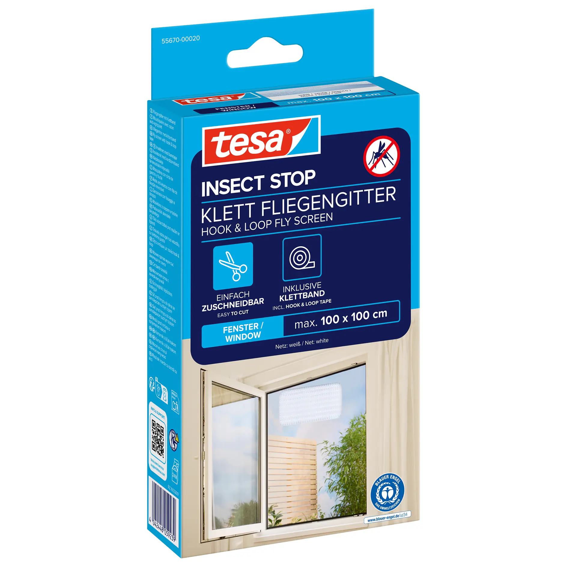 tesa insect stop hook and loop fly screen kit for windows, blue and white packaging with product image and dimensions 100x100 cm (This text has been generated by AI)