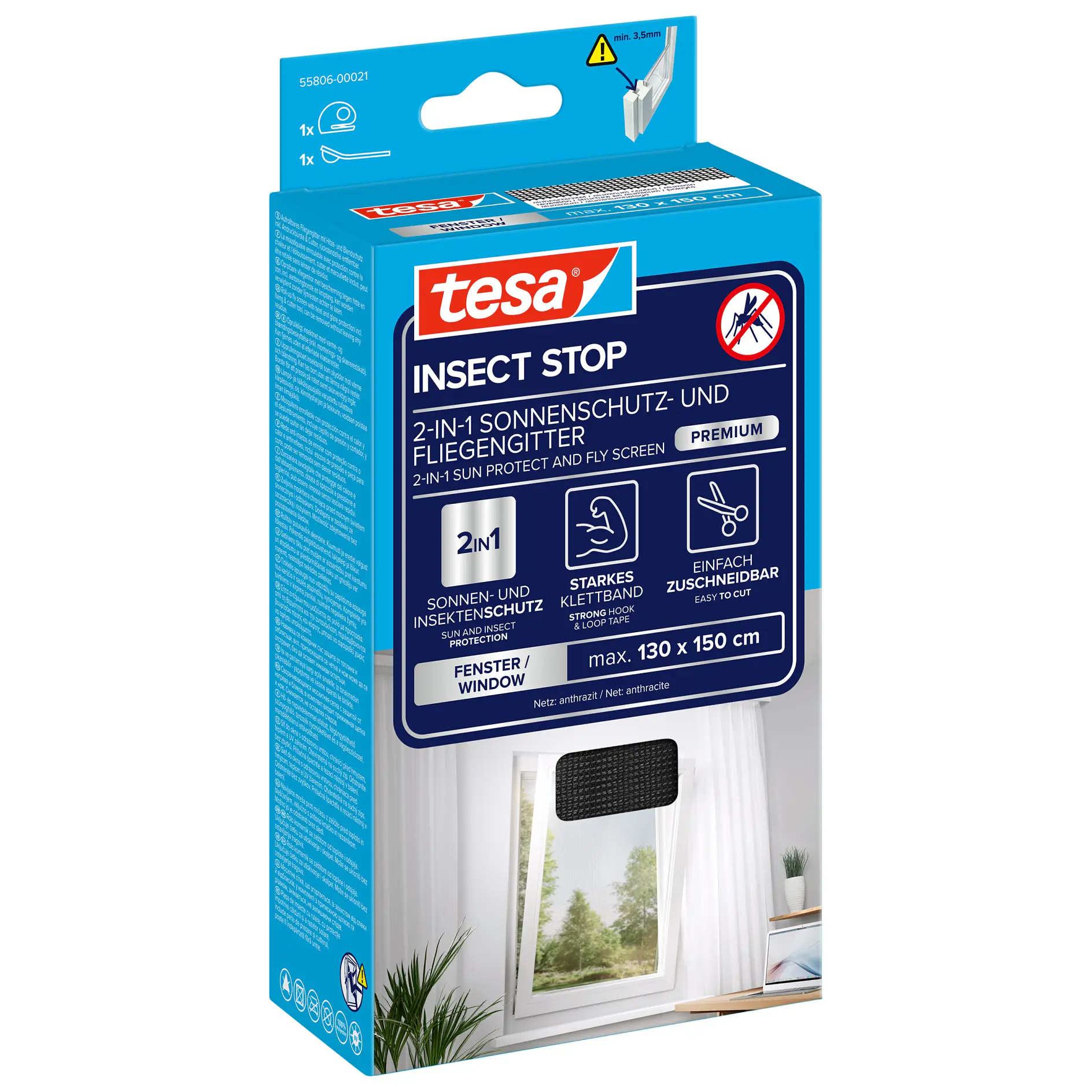 tesa insect stop 2-in-1 insect screen and fly protection for windows, shown in blue retail packaging with product details and window image. (This text has been generated by AI)