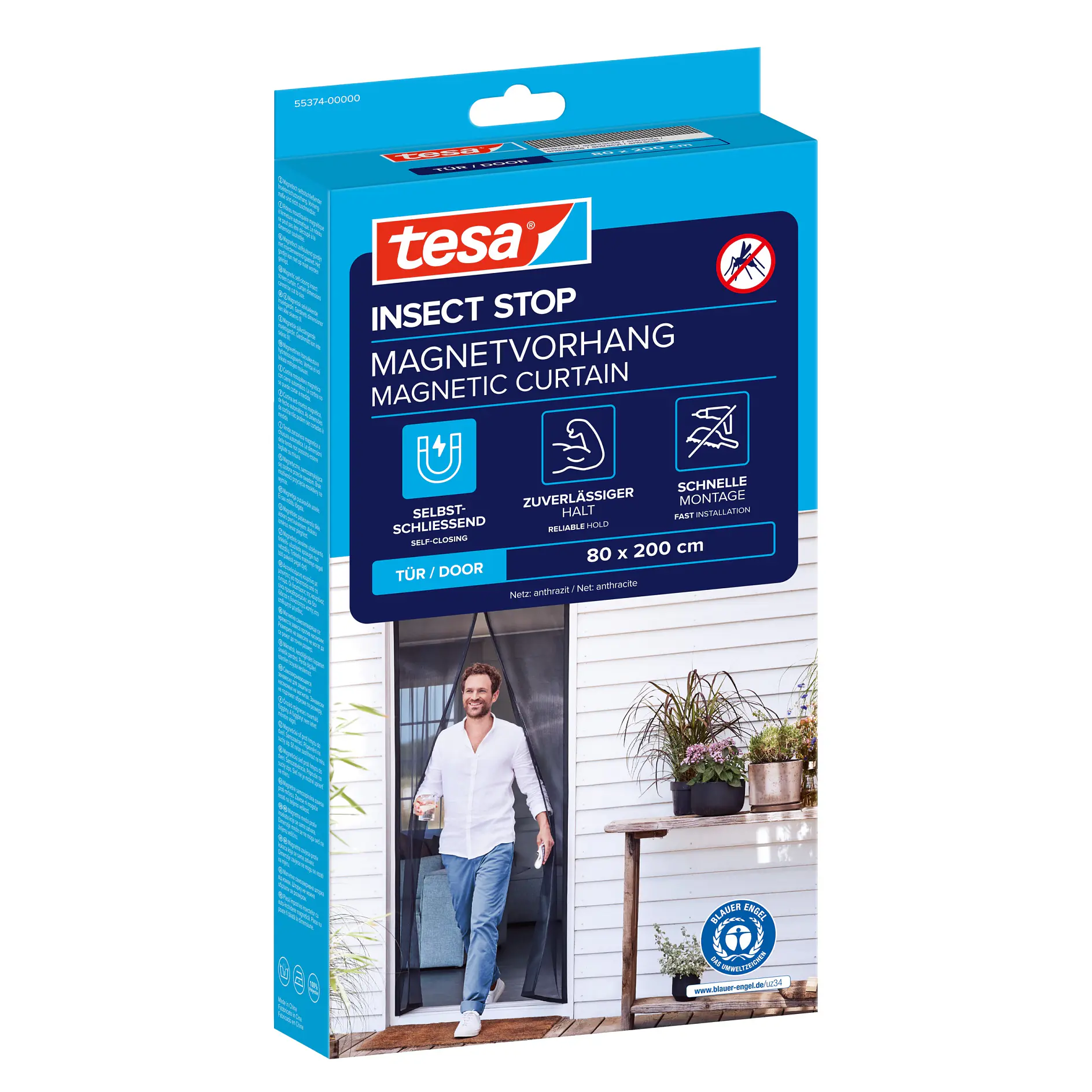 tesa insect stop magnetic curtain packaging showing a man walking through a white door with a mesh screen in an outdoor home setting (This text has been generated by AI)