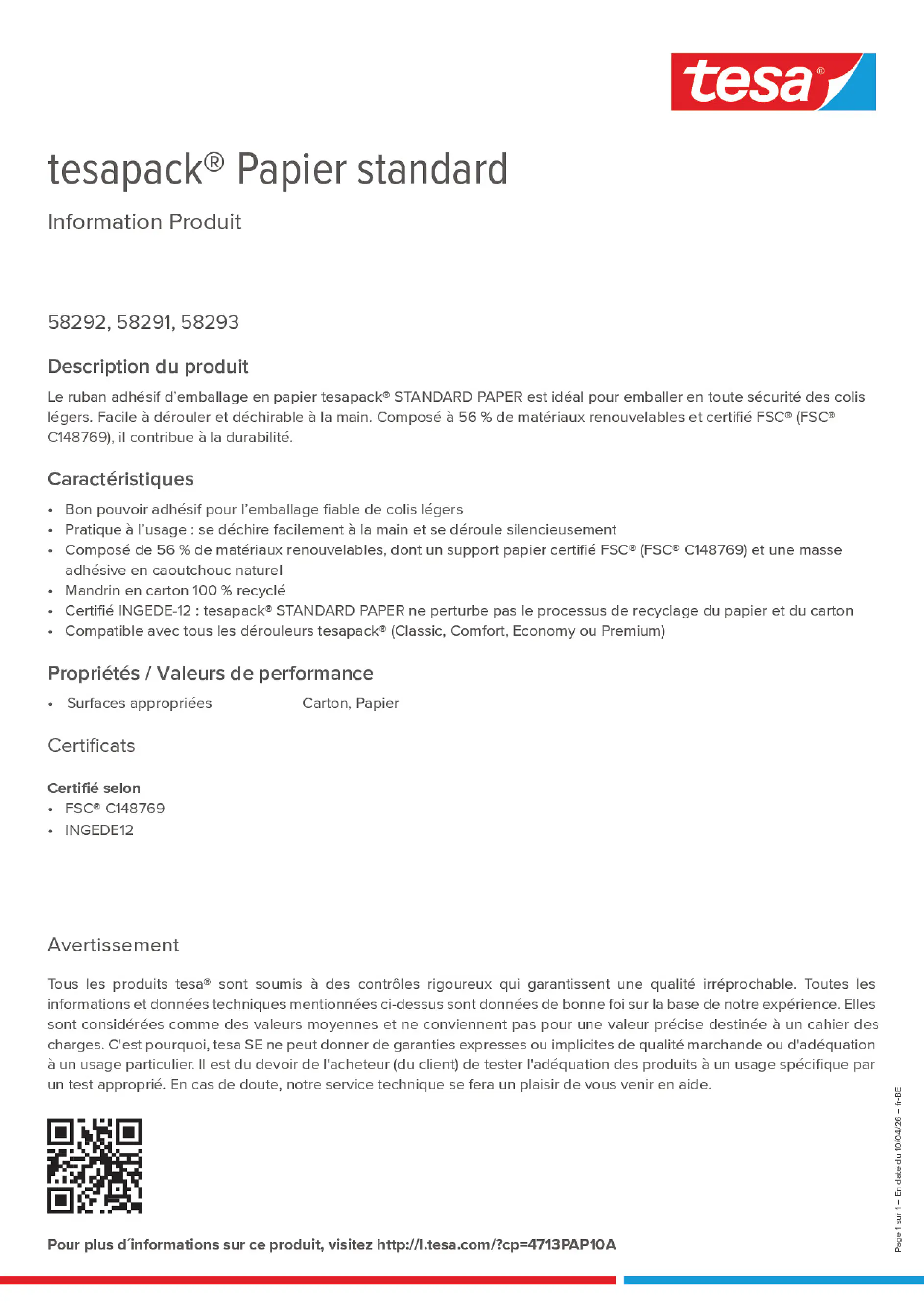 Product information_tesapack® 4713PAP10A_fr-BE_nl-BE