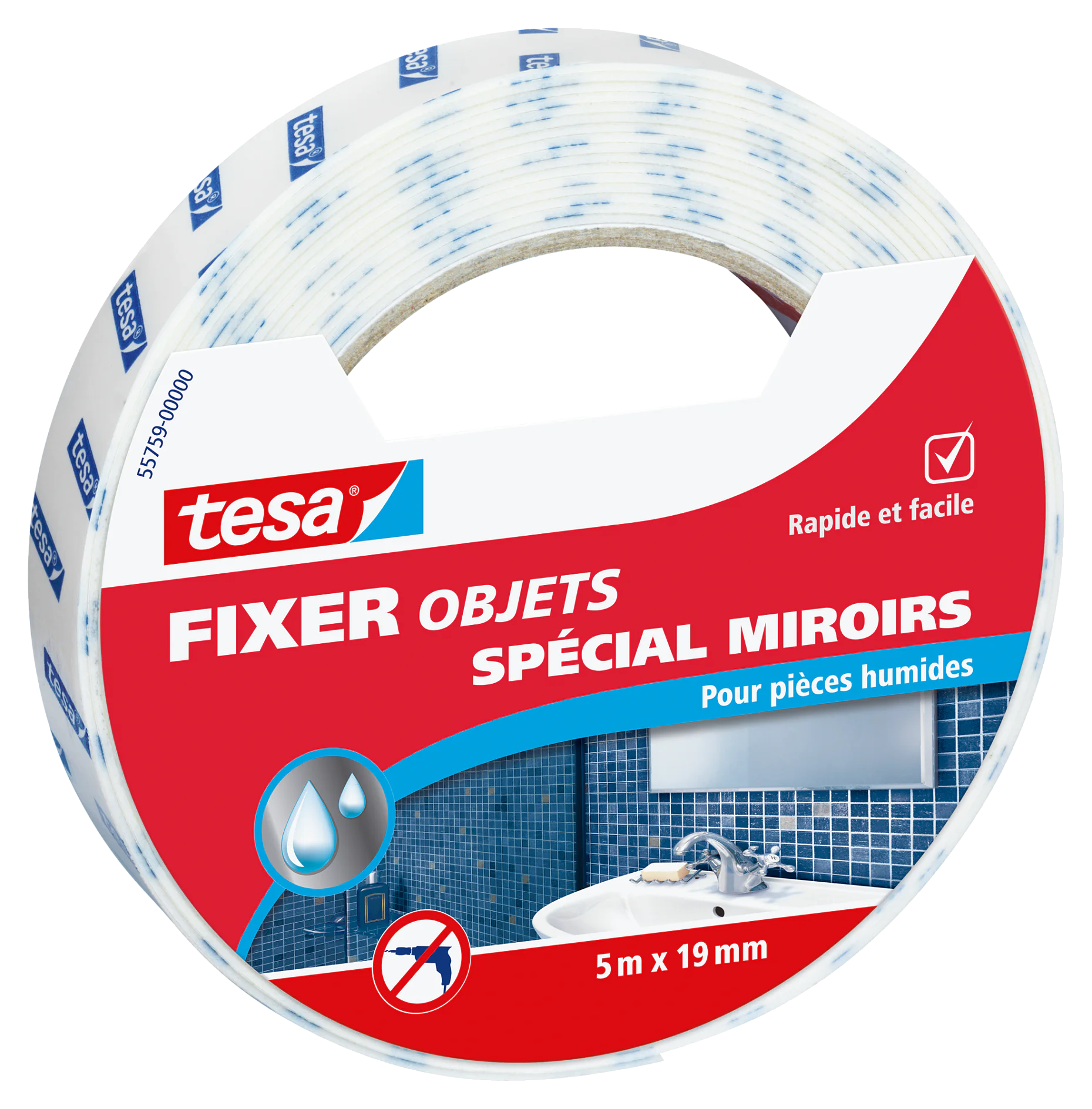 Emballage du ruban adhésif tesa Fixer, un produit pour la fixation de miroirs, conçu pour les espaces humides. Létiquette comporte une image de salle de bain, un graphique de gouttes deau et des mesures indiquant 5 mètres sur 19 millimètres. (This text has been generated by AI)