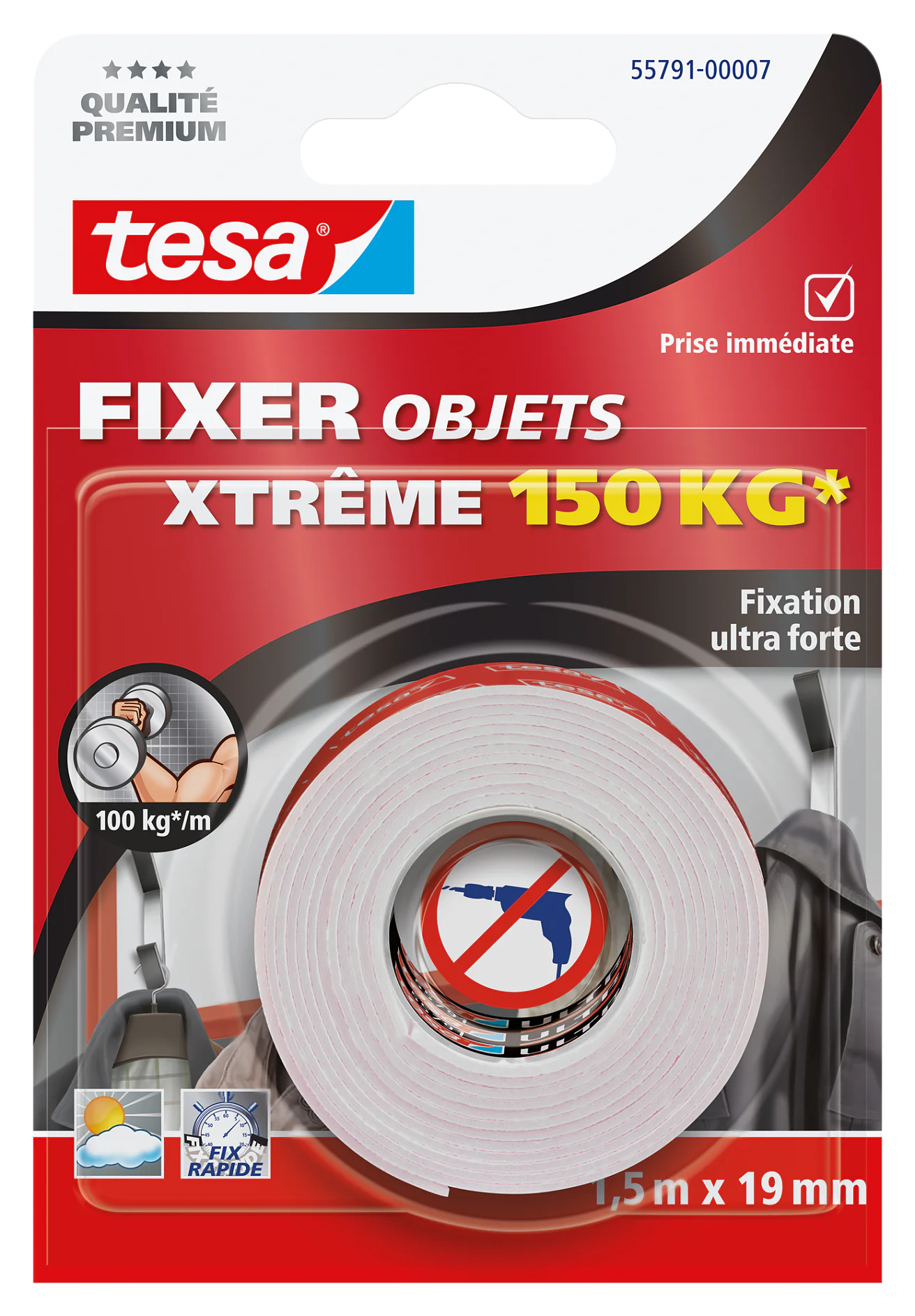 Emballage du ruban adhésif tesa Fixer Objets Xtreme de Tesa. Lemballage est rouge avec un rouleau de ruban adhésif tesa blanc visible. Le texte indique quil peut supporter 150 kg, mesure 1,5 m x 19 mm et est destiné à une fixation solide. Un petit graphique affiche les symboles de puissance adhésive. (This text has been generated by AI)