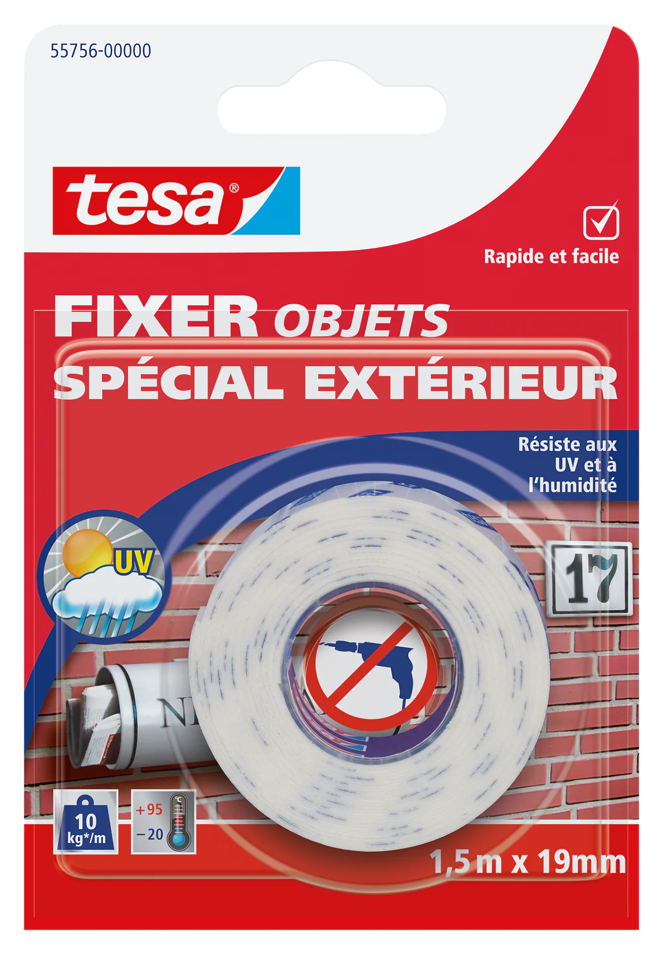 Emballage de ruban adhésif tesa avec fond rouge et image de mur de briques. Le texte indique quil est destiné à une utilisation en extérieur, avec résistance aux UV et à lhumidité. Il indique des dimensions de 1,5 m x 19 mm et une capacité de poids de 10 kg/m. (This text has been generated by AI)