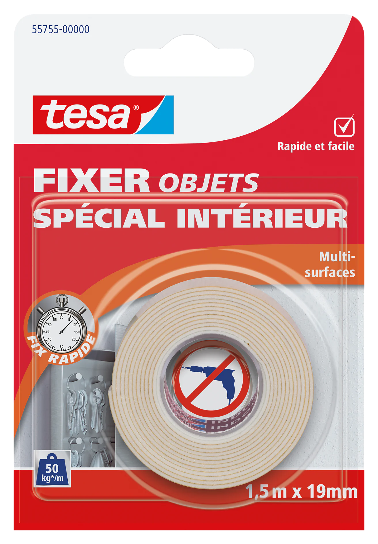 Limage montre lemballage du ruban adhésif tesa « tesa Fixer Objets Spécial Intérieur ». Il mesure 1,5 m de long et 19 mm de large, convient à de multiples surfaces et peut supporter jusquà 50 kg/m². Lemballage est principalement rouge et blanc. (This text has been generated by AI)