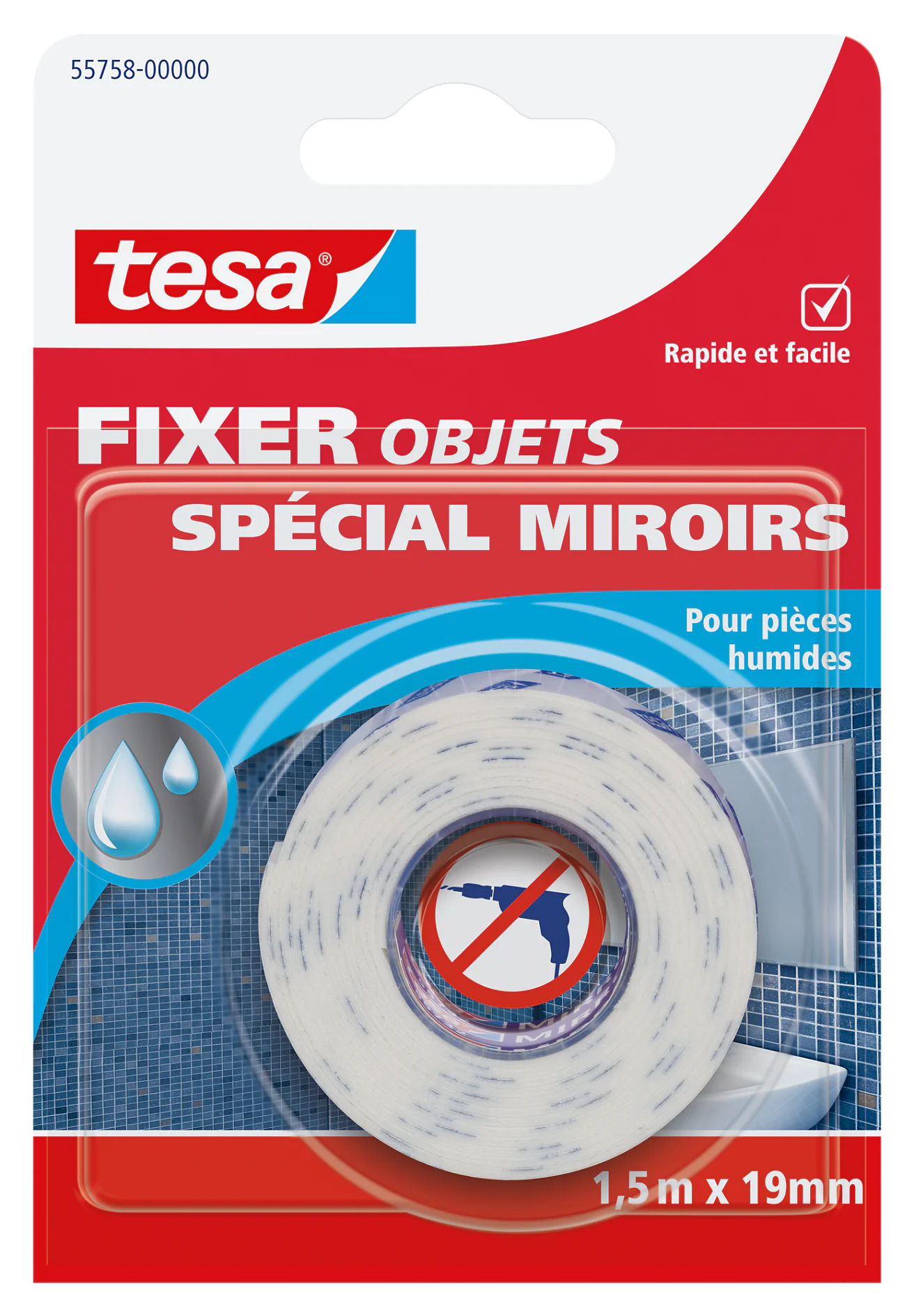 Emballage du ruban adhésif de la marque tesa tape. Létiquette indique « Fixer Objets Spécial Miroirs » en français, ce qui indique quil est destiné à la fixation de miroirs. Le ruban tesa est visible à travers une partie transparente de lemballage. (This text has been generated by AI)