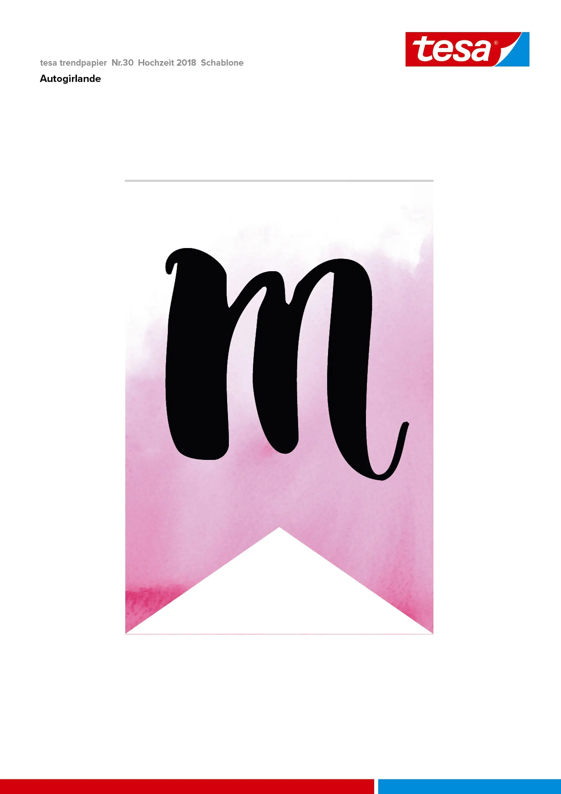 A white banner with a pink watercolor background features a large black lowercase letter m. The banner has a pointed bottom. The top left corner displays the red and blue tesa tape logo. (This text has been generated by AI)