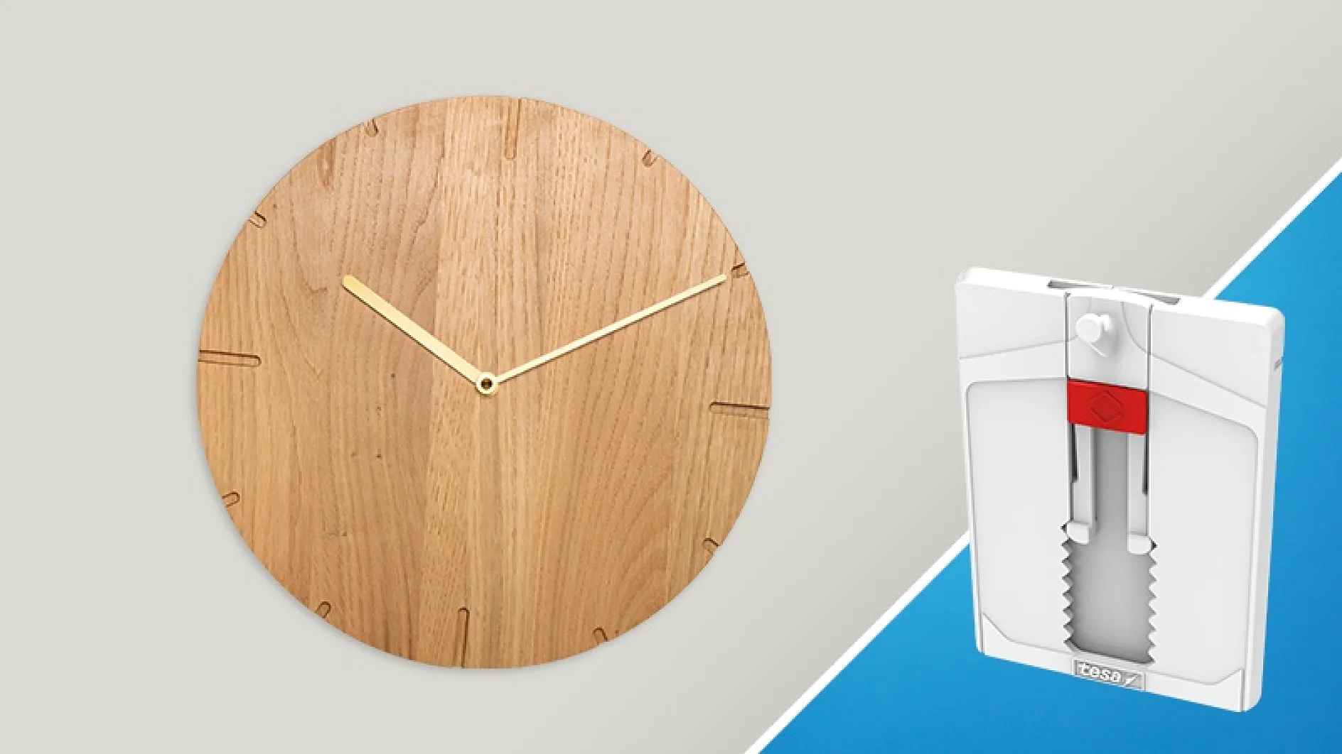 A wooden clock with a minimalistic design and golden hands is on the left. On the right is a white wall hook packaging with a modern design against a blue background, utilizing tesa tape for secure adhesion. (This text has been generated by AI)