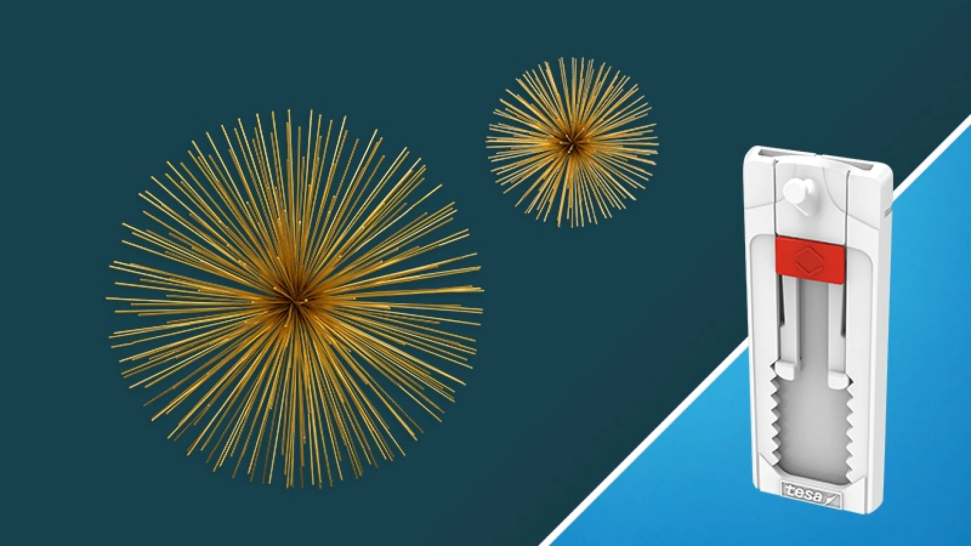 An image featuring two spherical, spiky golden structures against a dark teal background on the left, and a white, vertical plastic device with a red slider secured by tesa tape on a light blue background on the right. (This text has been generated by AI)