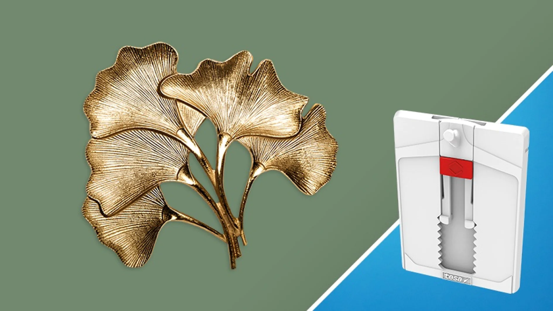 A decorative golden metal sculpture resembling ginkgo leaves is on the left against a green background. On the right, a white and red wall-mounted device is set against a blue background. No visible details or objects mention any specific brands, but the decorative piece could be secured using tesa tape for stability and assurance in display settings. (This text has been generated by AI)