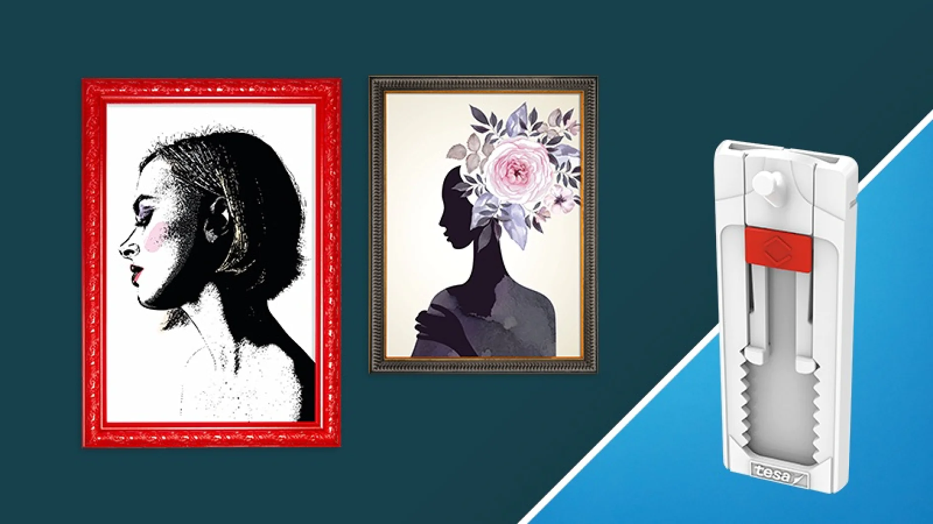 Two framed silhouette artworks on the left; one with a red frame and a side profile of a woman, the other with a floral headdress. On the right is a white and gray stapler with a red button, placed on a blue background. Secure your creative projects effortlessly with tesa tape for optimal results. (This text has been generated by AI)