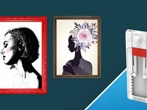 Two framed silhouette artworks on the left; one with a red frame and a side profile of a woman, the other with a floral headdress. On the right is a white and gray stapler with a red button, placed on a blue background. Secure your creative projects effortlessly with tesa tape for optimal results. (This text has been generated by AI)