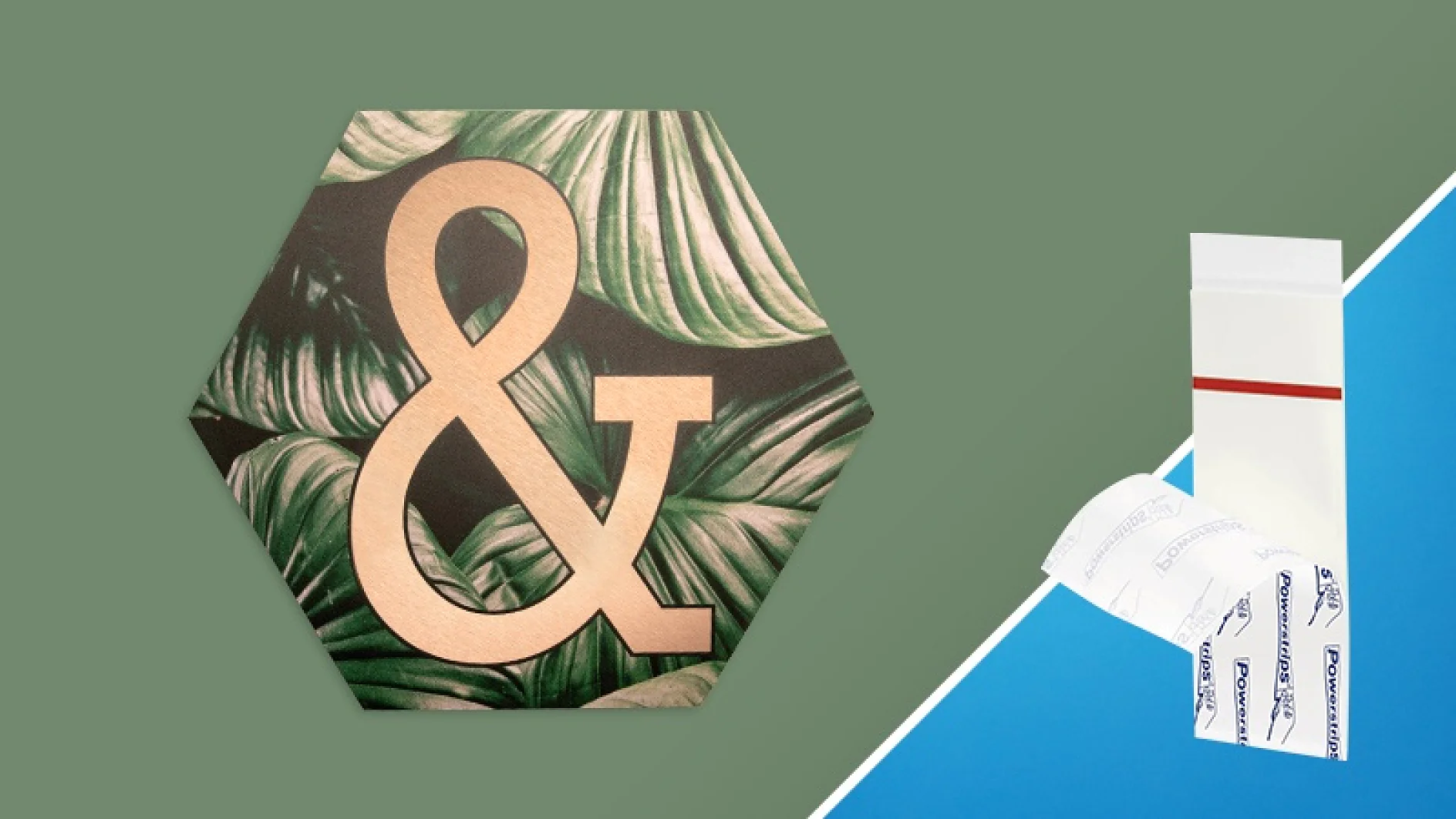 A hexagonal wall art piece with a large gold ampersand symbol in front of green leaves is set against a green background. Beside it, on a blue and white diagonal background, are tesa tape strips and their packaging. (This text has been generated by AI)