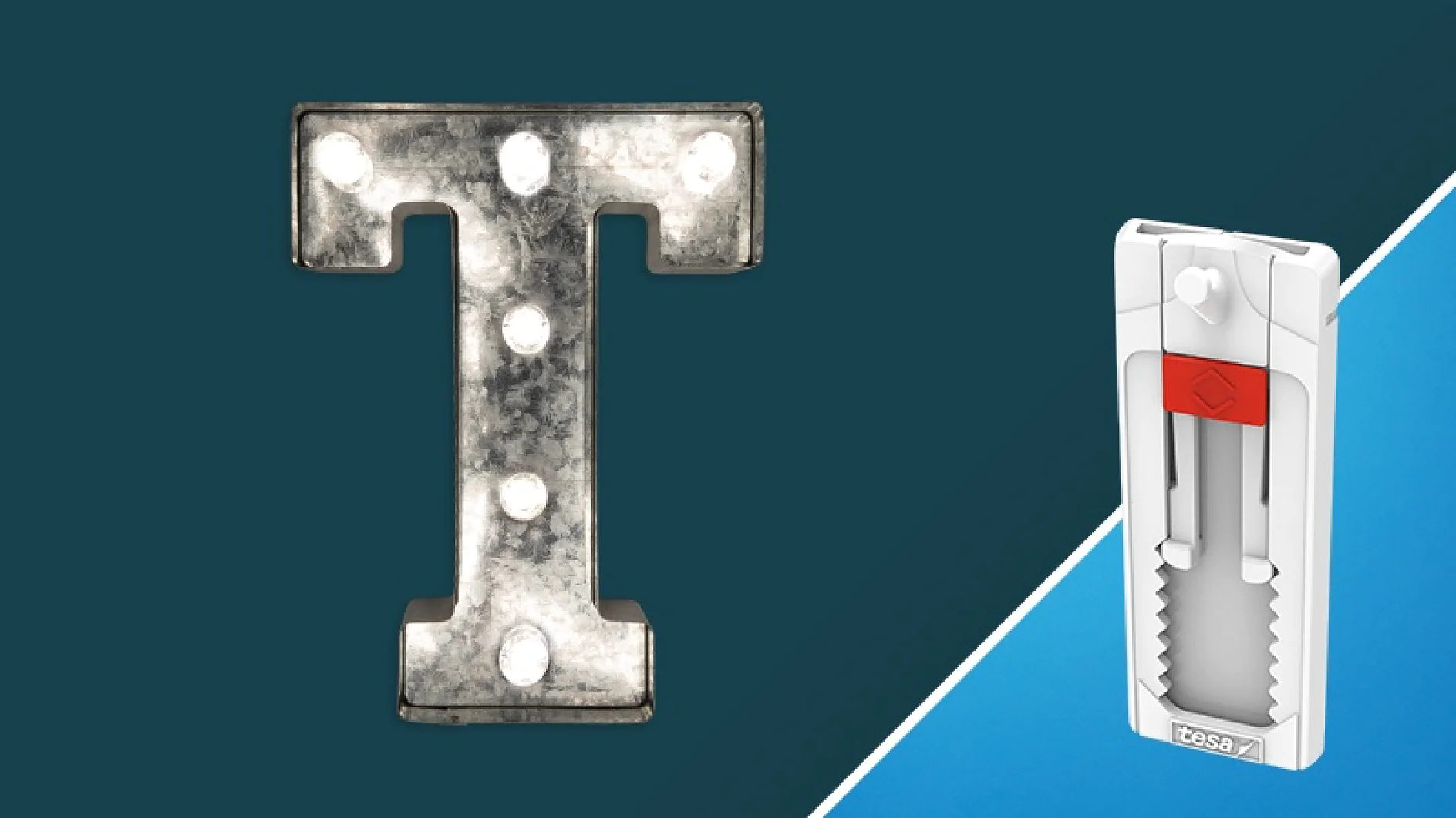 A metallic letter T with illuminated bulbs on a teal background is on the left. On the right, a white plastic gadget with tesa tape features a red slider and jagged edges, displayed on a blue background with a diagonal divide. (This text has been generated by AI)