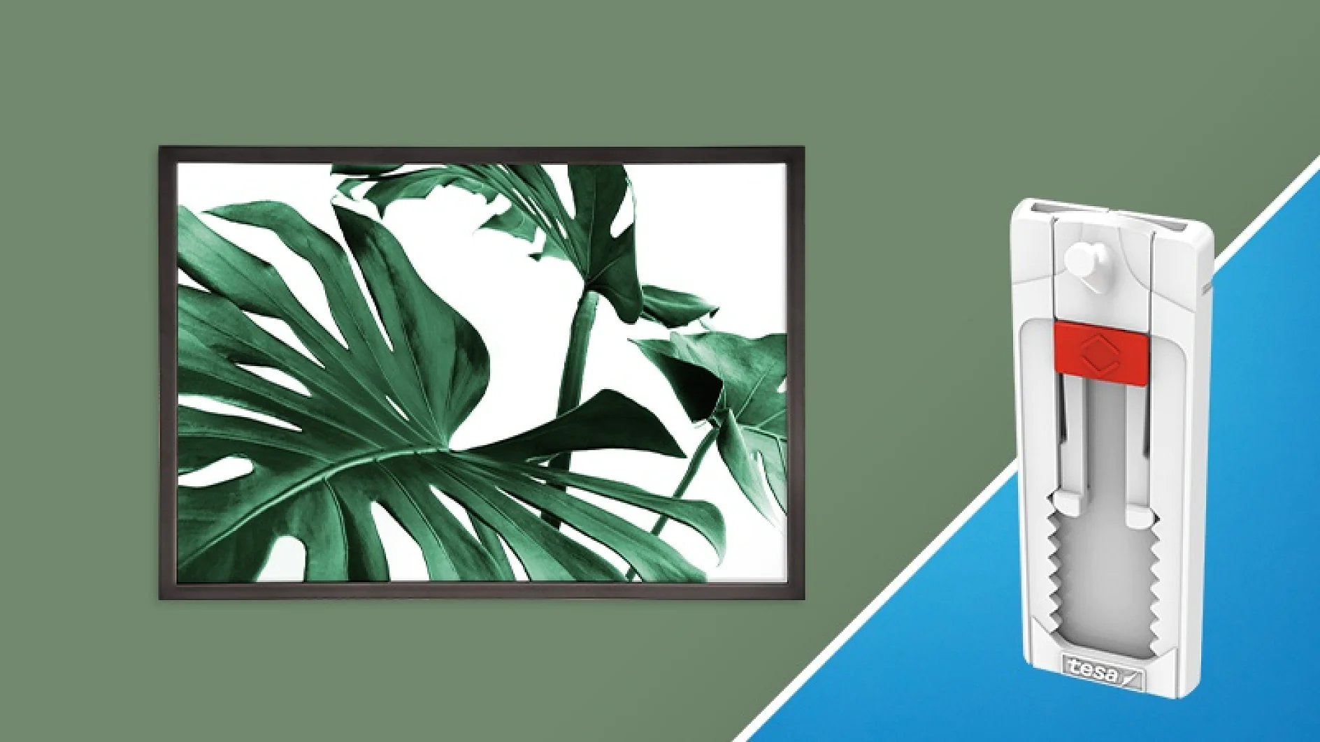 Framed image of green tropical leaves on the left against an olive background. On the right, a white plastic wall mounting strip is shown against a blue background. (This text has been generated by AI)