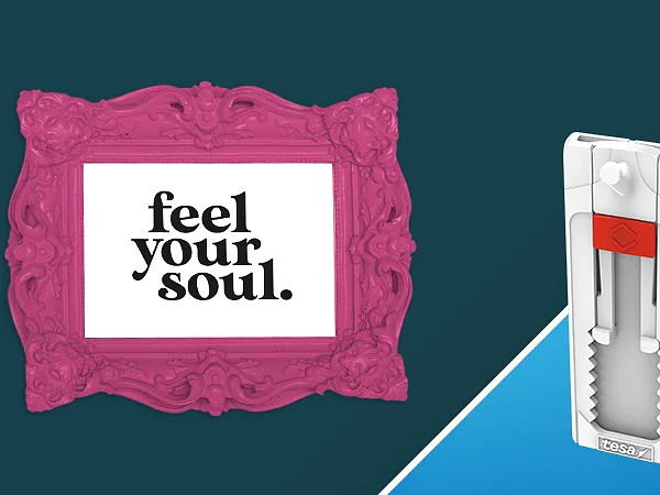A stylized pink ornate frame on a teal background displays the text feel your soul. Next to it, on a blue background, is a white and gray utility tool with a visible blade and the brand logo tesa tape. (This text has been generated by AI)
