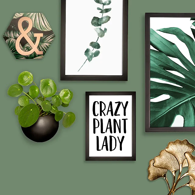 A wall with a green background features framed art: black butterflies, eucalyptus leaves, a large leaf, and a sign reading Crazy Plant Lady. Theres also a gold ampersand and a small potted plant. The frames are securely mounted using tesa tape for an impeccable finish. (This text has been generated by AI)