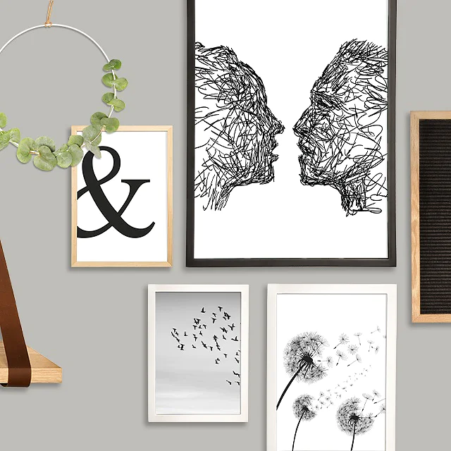 A wall adorned with various decor items: a round mirror, a wooden shelf, a circular plant holder, a series of framed artworks (ampersand, abstract faces, birds, dandelions), a clock, a letter board with YEAH HYGGE!, and a map of Copenhagen. (This text has been generated by AI)