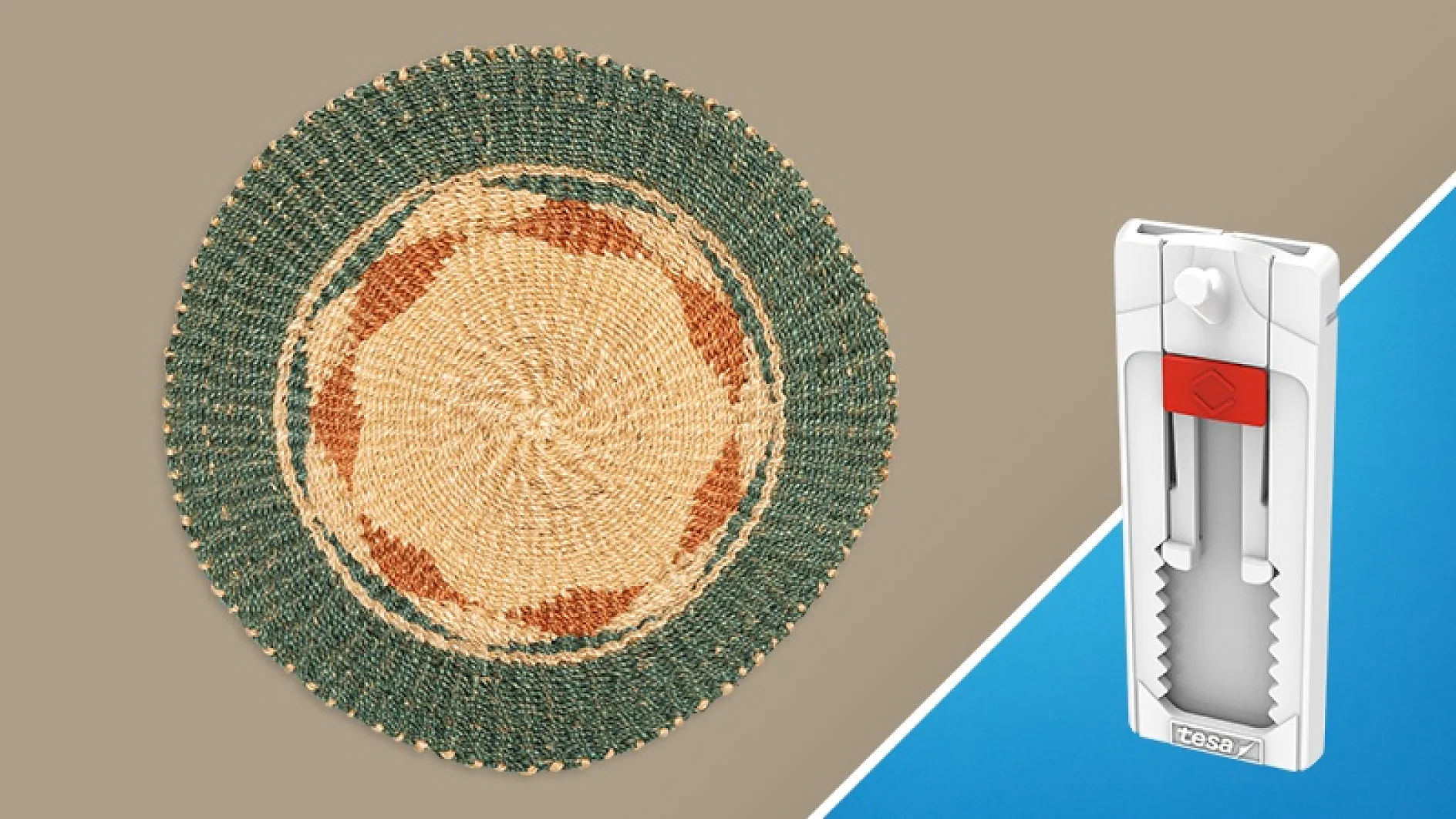 A round woven mat with green, beige, and brown patterns is on the left against a tan background. On the right, theres a white box cutter with a red slider against a blue background. (This text has been generated by AI)