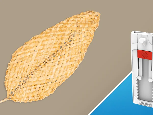 A split image showing a woven leaf shape on the left against a beige background, and a white and red tesa-branded wall hanger on the right against a blue background. (This text has been generated by AI)