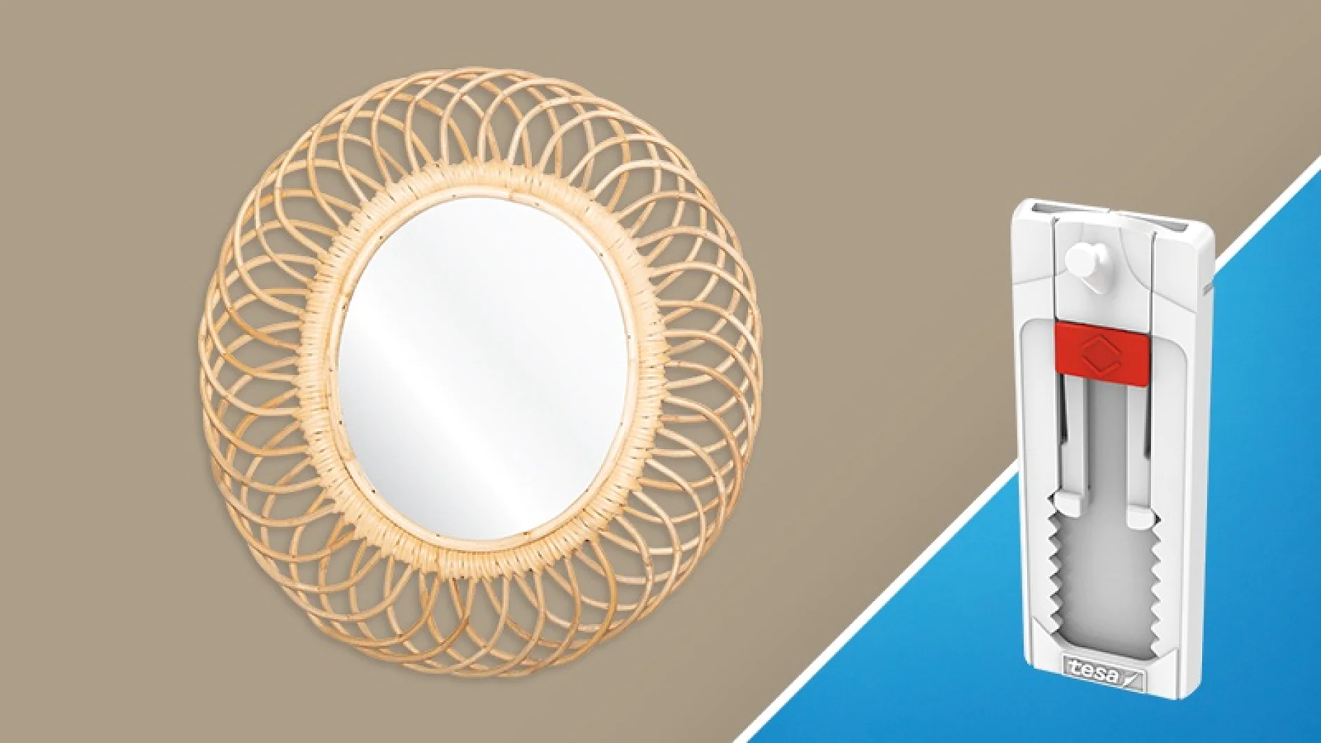 A round mirror with a decorative rattan frame is on the left against a beige background. On the right, there is a white plastic adhesive tool featuring tesa tape with a red component against a blue background. (This text has been generated by AI)